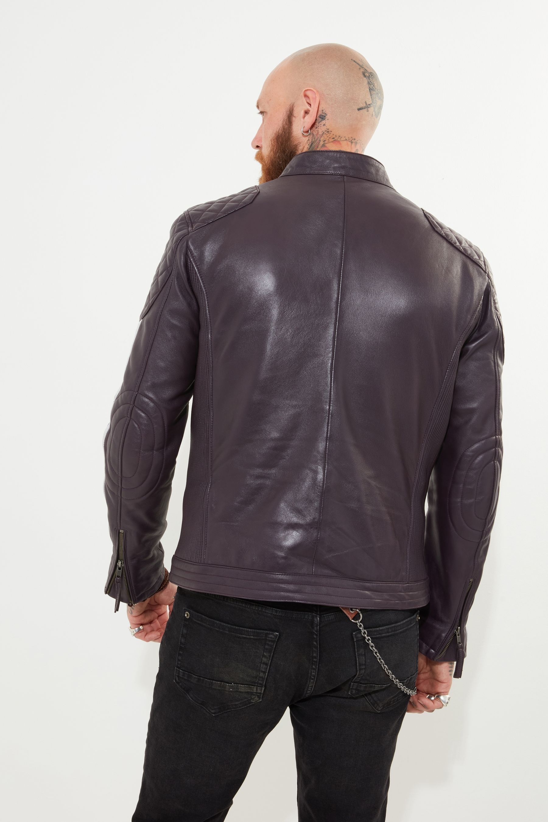 Joe Browns Purple Quilted Shoulder Stripe Detail Leather Biker Jacket 2X Large Mens