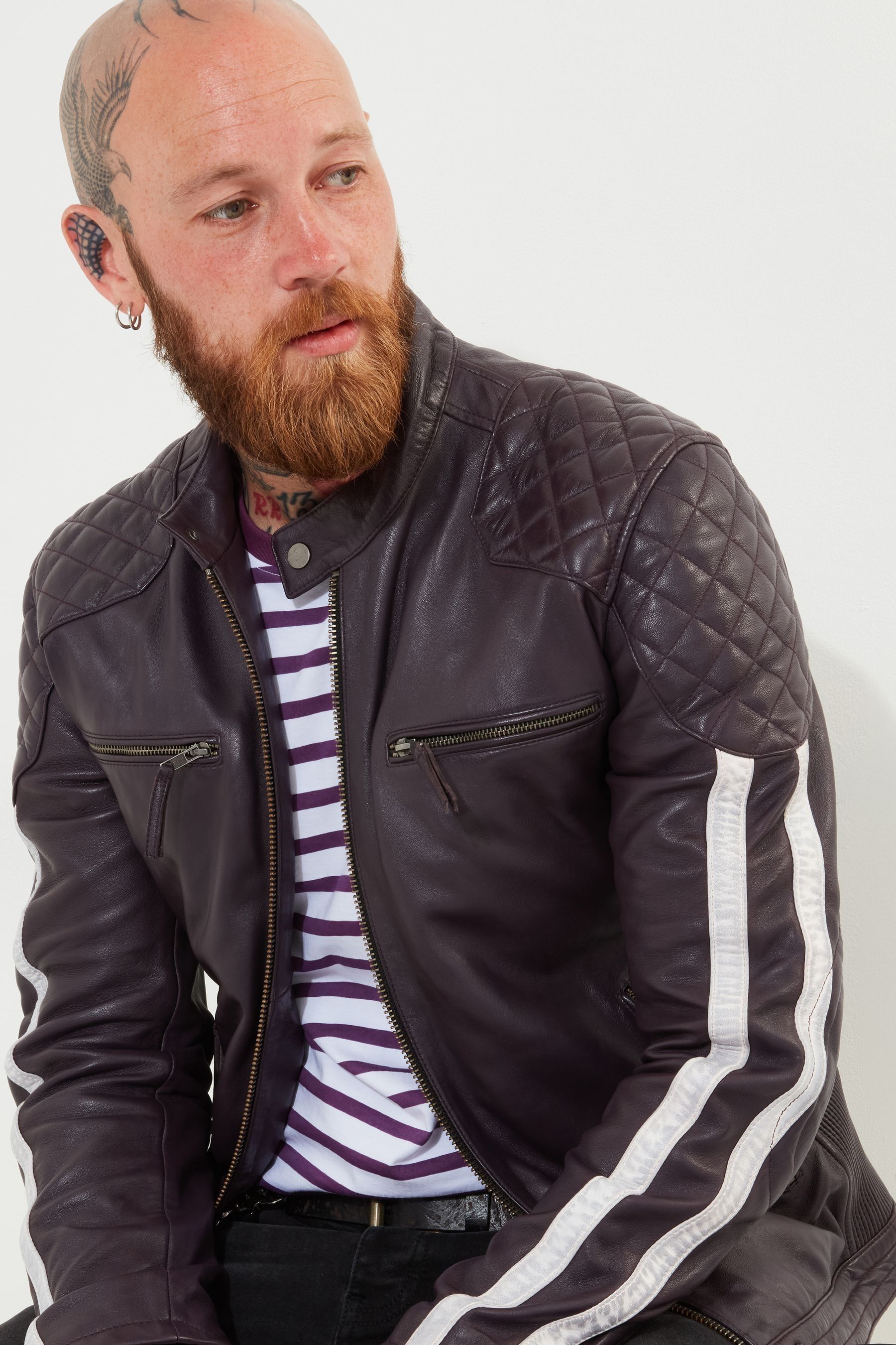 Joe Browns Purple Quilted Shoulder Stripe Detail Leather Biker Jacket 2X Large Mens