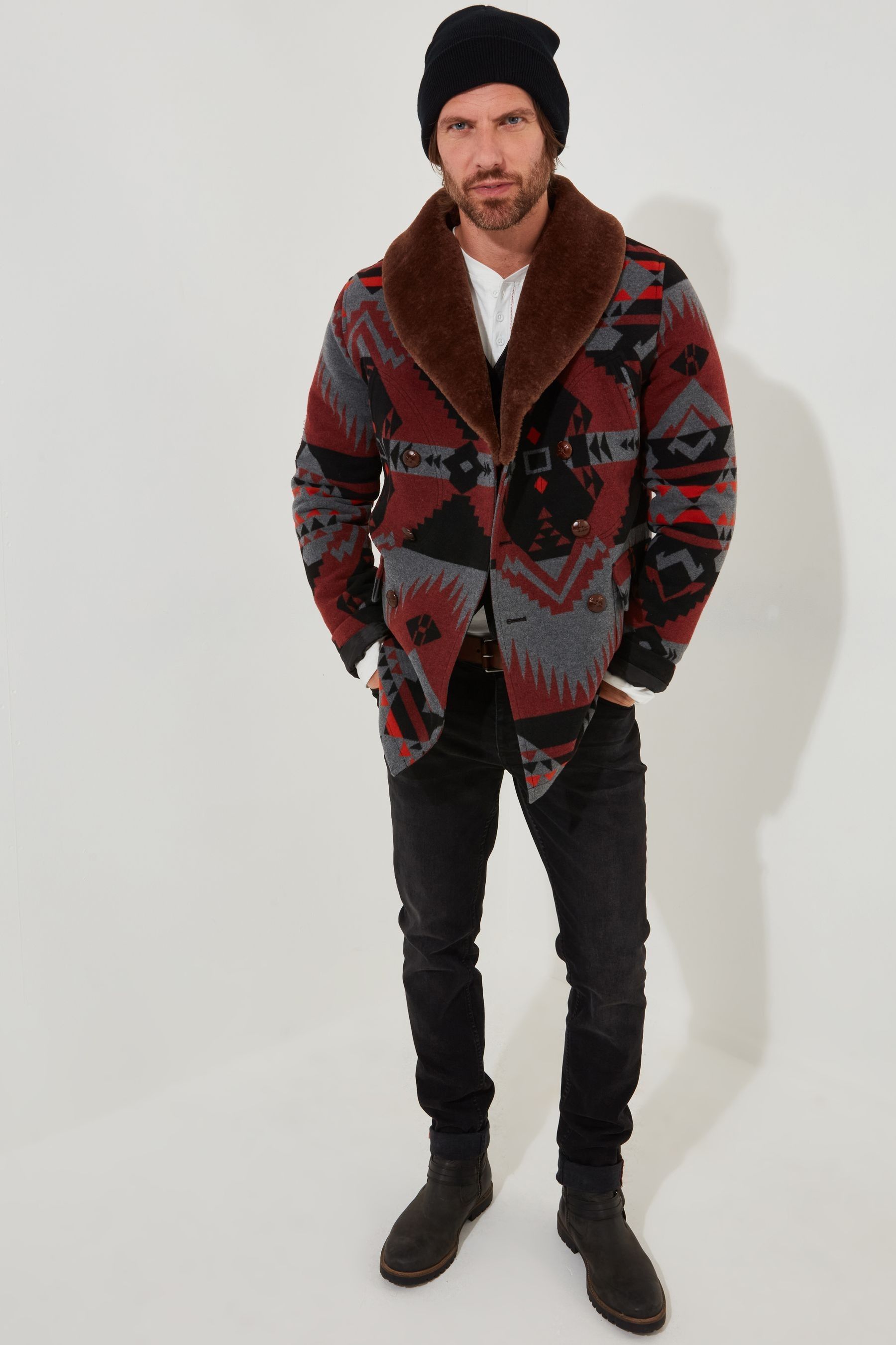 Buy Joe Browns Red Oversized Aztec Double Breasted Faux Fur Collar Wool Blend Coat from the Next UK online shop