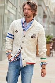 Joe Browns Cream Preppy Badge Stripe Detail Shawl-Collar Cable Knit Cardigan - Image 1 of 10