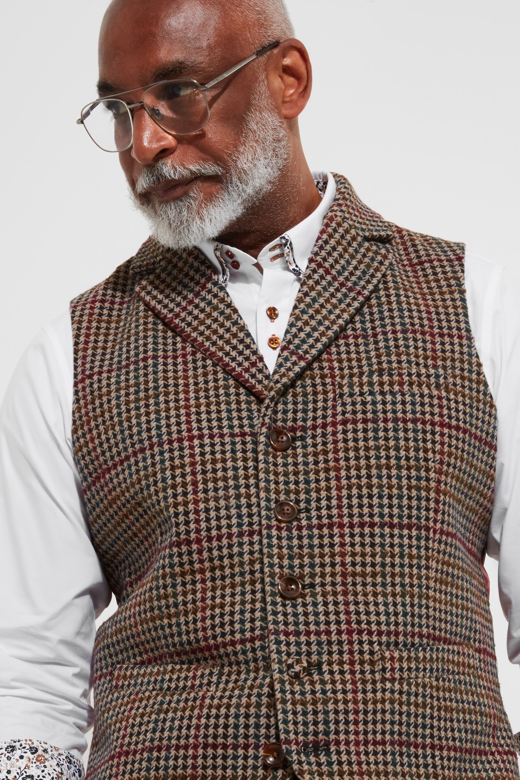 Joe Browns Brown Regular Fit Dogtooth Wool Blend Waistcoat with Paisley Lining