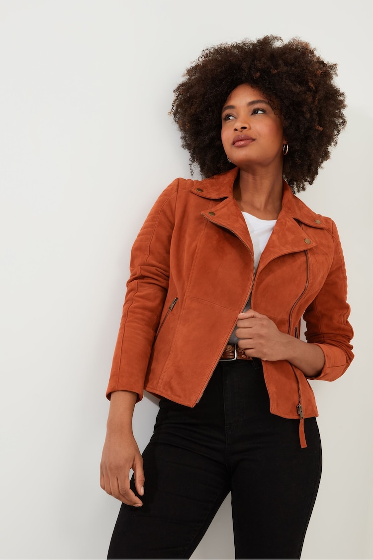 Joe Browns Orange Asymmetric Suede Leather Biker Jacket - Image 1 of 5