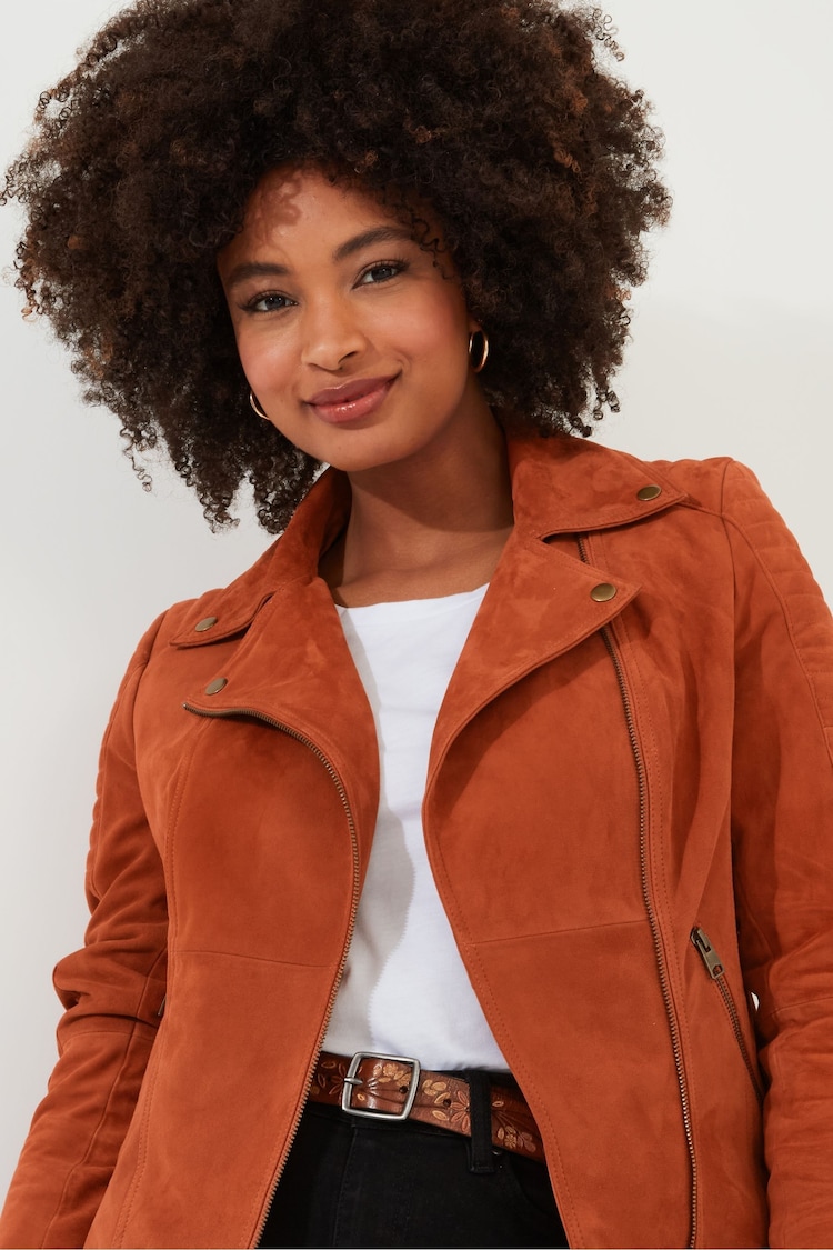 Joe Browns Orange Asymmetric Suede Leather Biker Jacket - Image 2 of 5