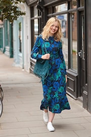 Joe Browns Blue High-Neck Vintage Frill Floral Jersey Midi Dress - Image 1 of 7