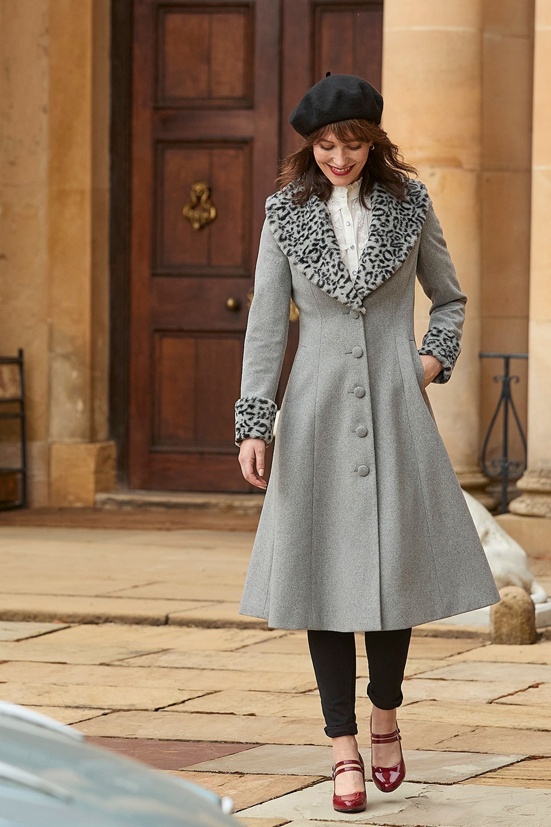 Joe Browns Grey Animal Print Faux Fur Trim Long Coat 10 Womens