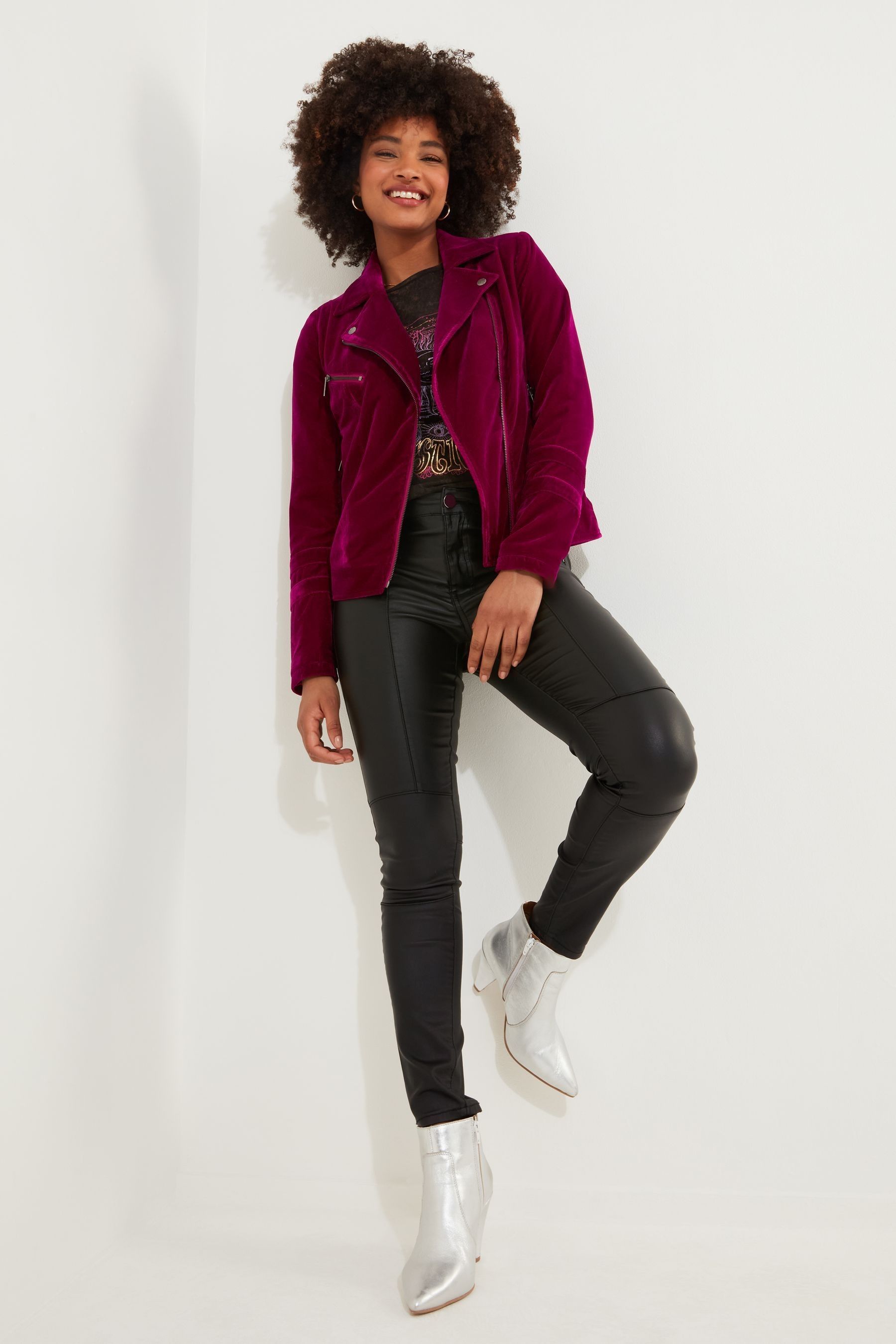 Joe Browns Pink Cropped Velour Biker Jacket