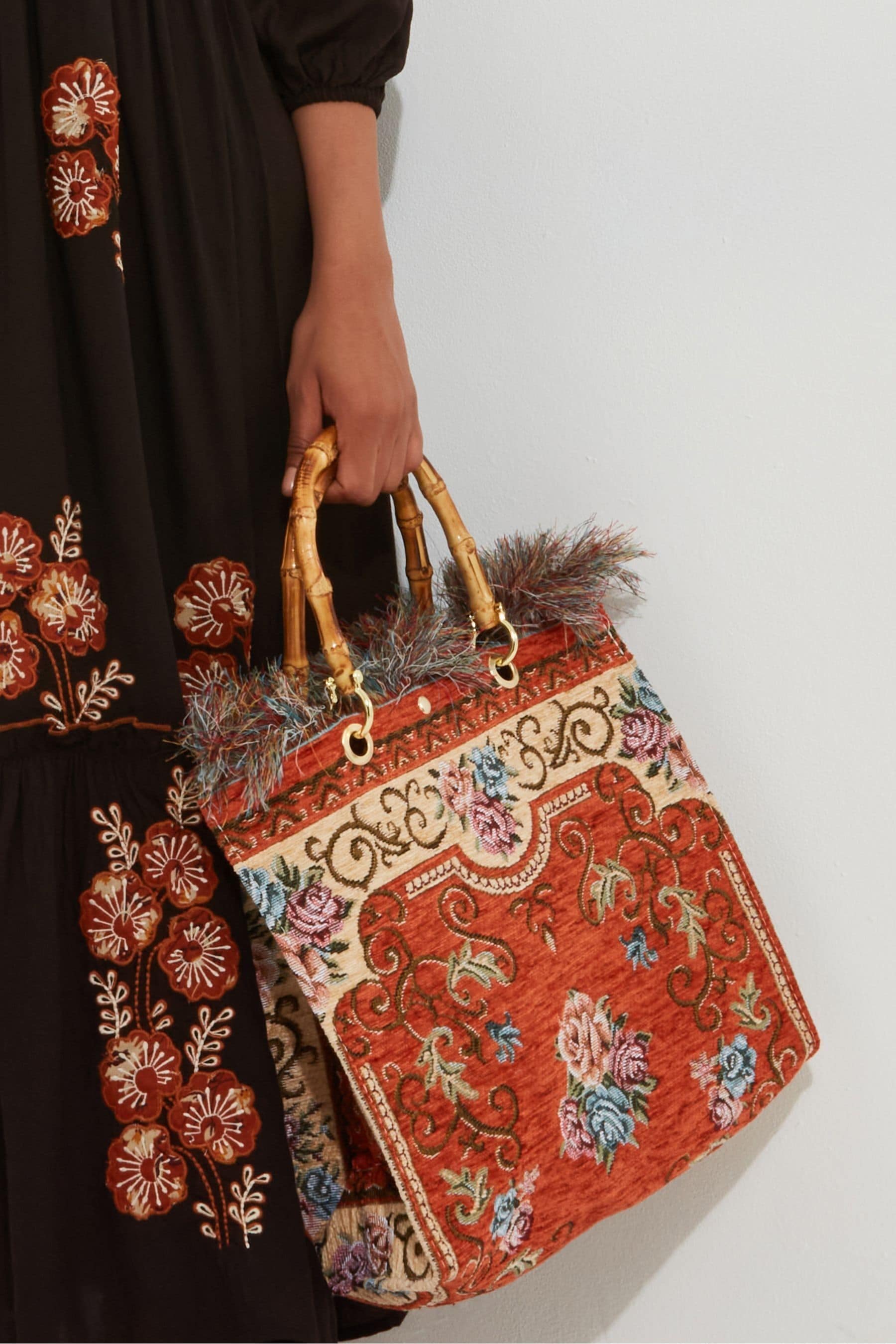 Buy Joe Browns Orange Bamboo Handle Vintage Floral Print Fringed Carpet Bag from Next Luxembourg