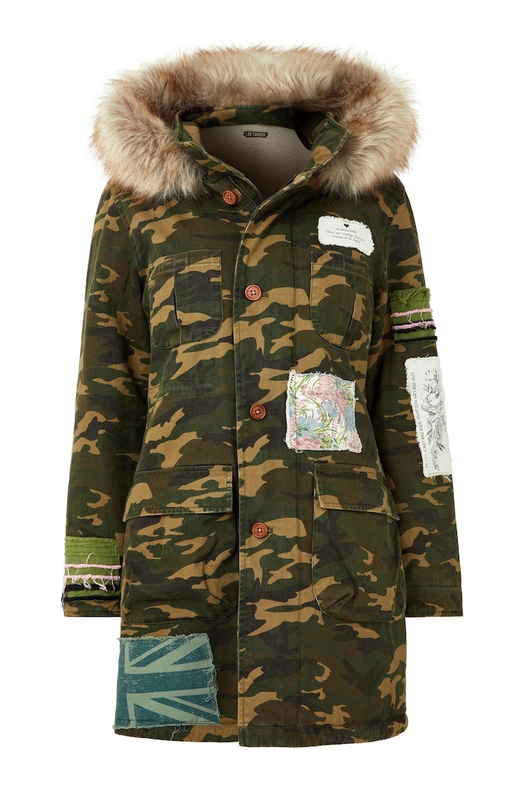 Joe Browns Green Boutique Embroidered Patch Camouflage Faux Fur Trim Hooded Parka - Image 8 of 8