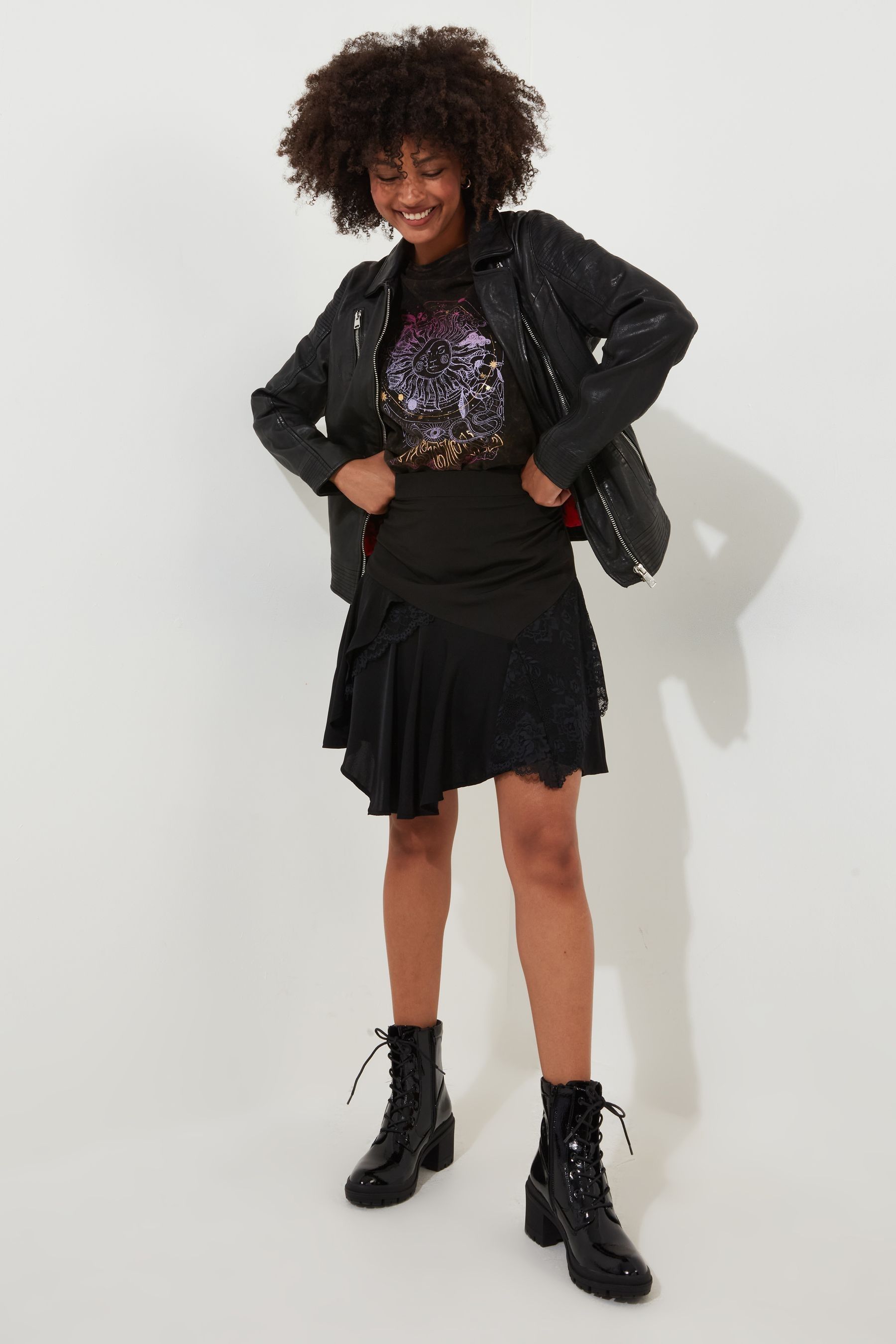 Buy Joe Browns Black Lace Panel Asymmetric Hem Cutabout Mini Skirt from Next Luxembourg