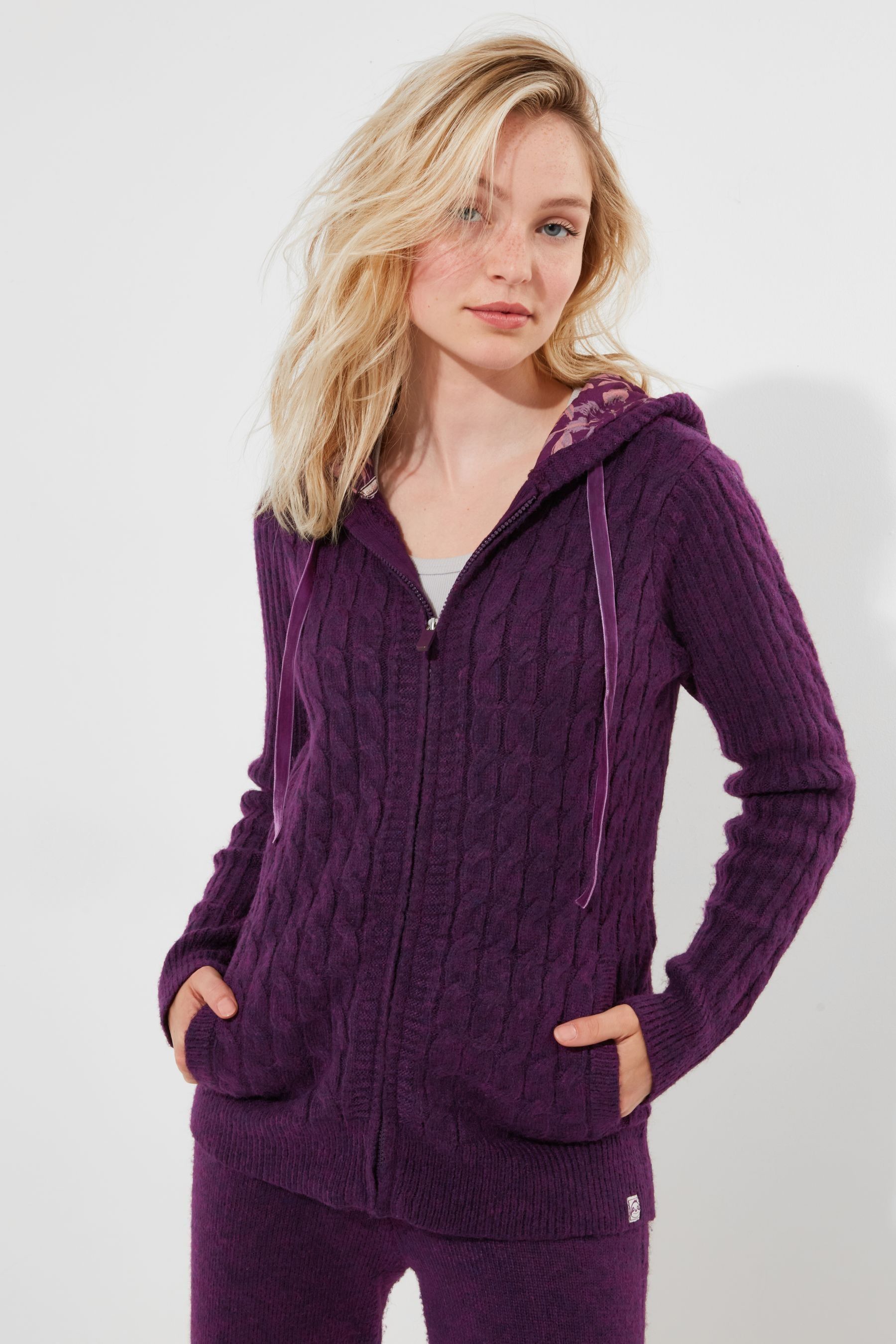 Buy Joe Browns Purple Sloe Joes Cosy Cable Knit Full Zip Hooded Cardigan from Next Luxembourg