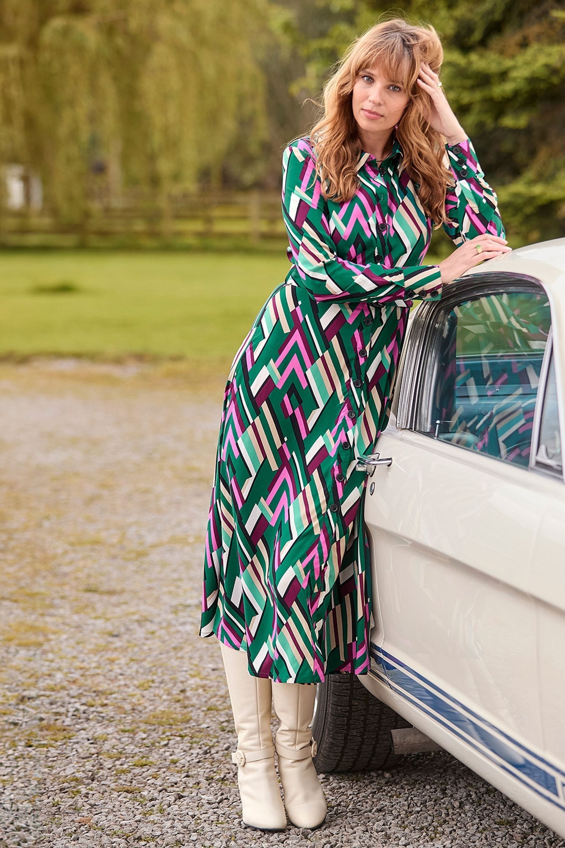 Joe Browns Green Statement Geometric Button Through Belted Midi Shirt Dress
