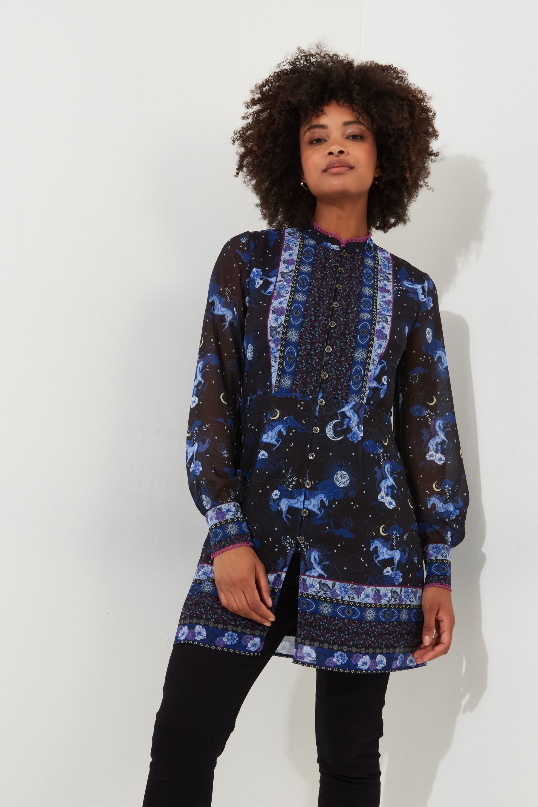 Buy Joe Browns Blue Mini Mystical Sheer Sleeve Button Through Tunic Dress from Next Luxembourg