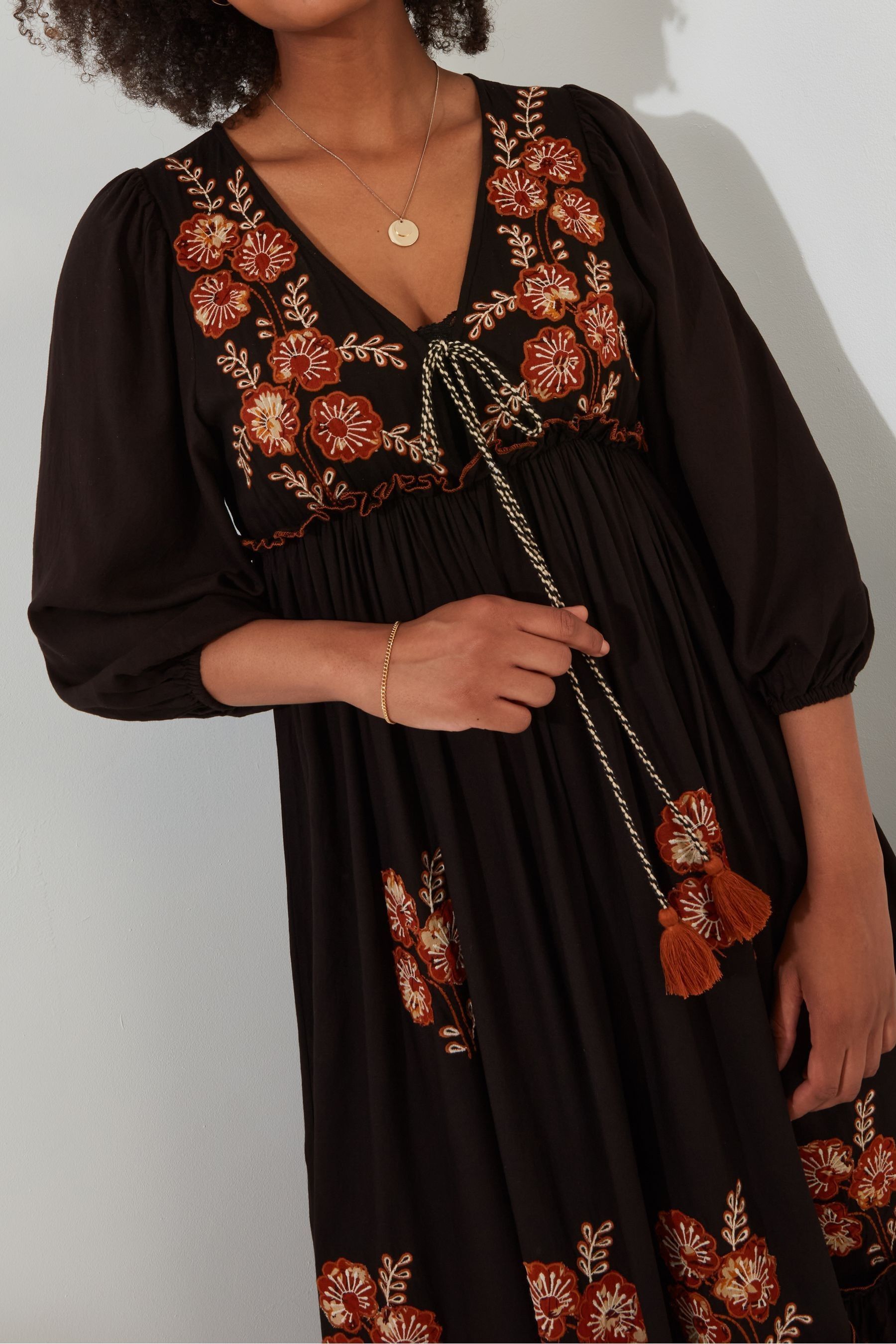 Buy Joe Browns Black Floral Embroidered Tassel Tie Boho Maxi Dress from Next Luxembourg
