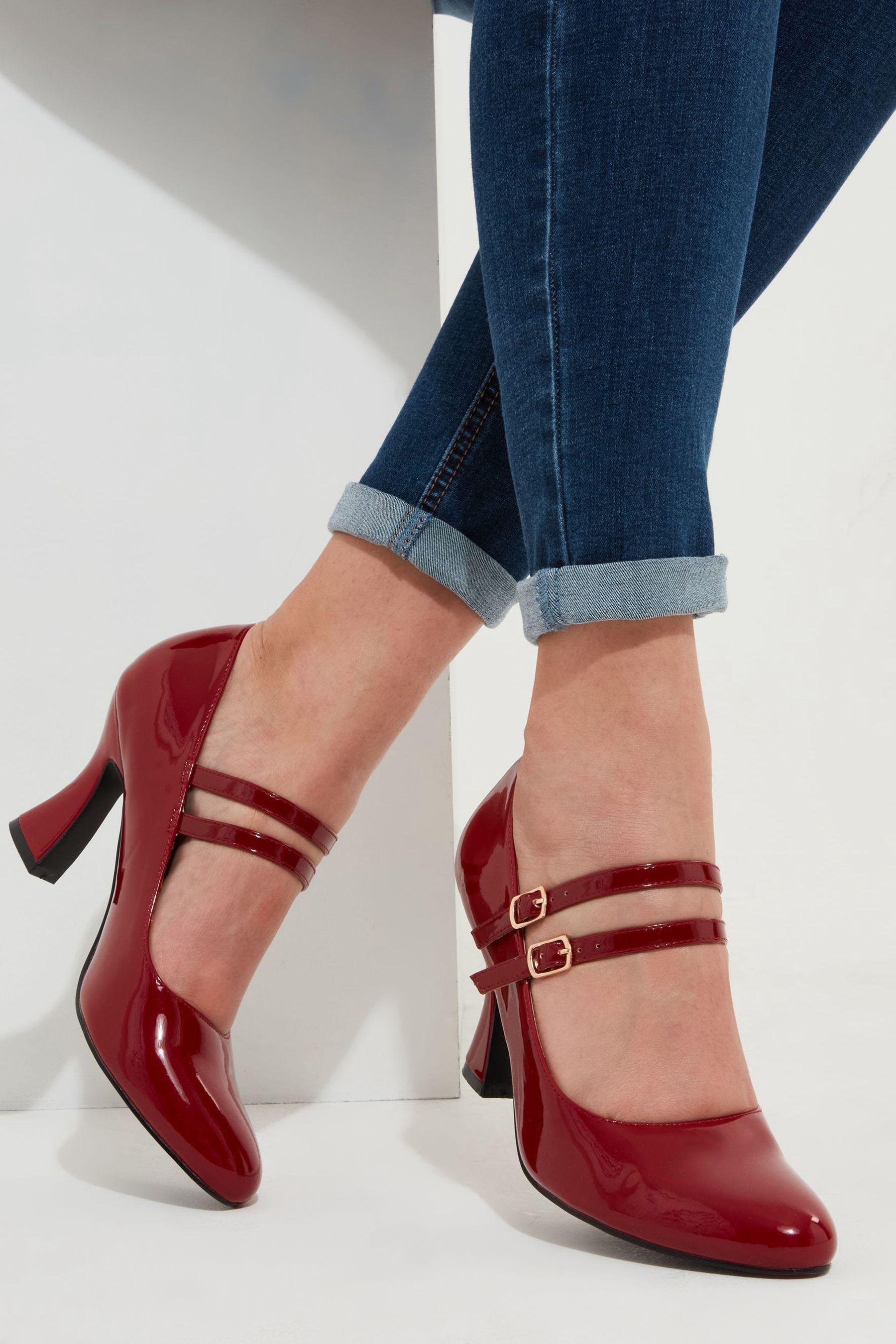 Joe Browns Red Patent Chunky Buckle Curved Heel Shoes 6 EU 39 Womens