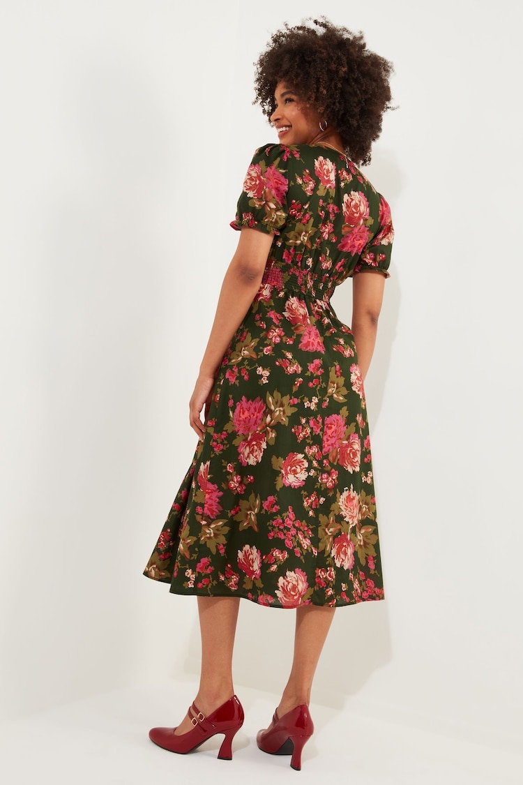 Joe Browns Green Vintage Floral V-Neck Puff Sleeve Midi Dress - Image 2 of 7