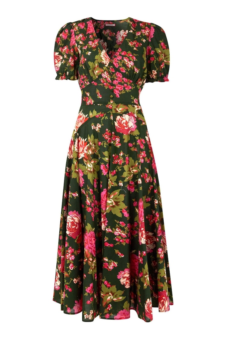 Joe Browns Green Vintage Floral V-Neck Puff Sleeve Midi Dress - Image 7 of 7