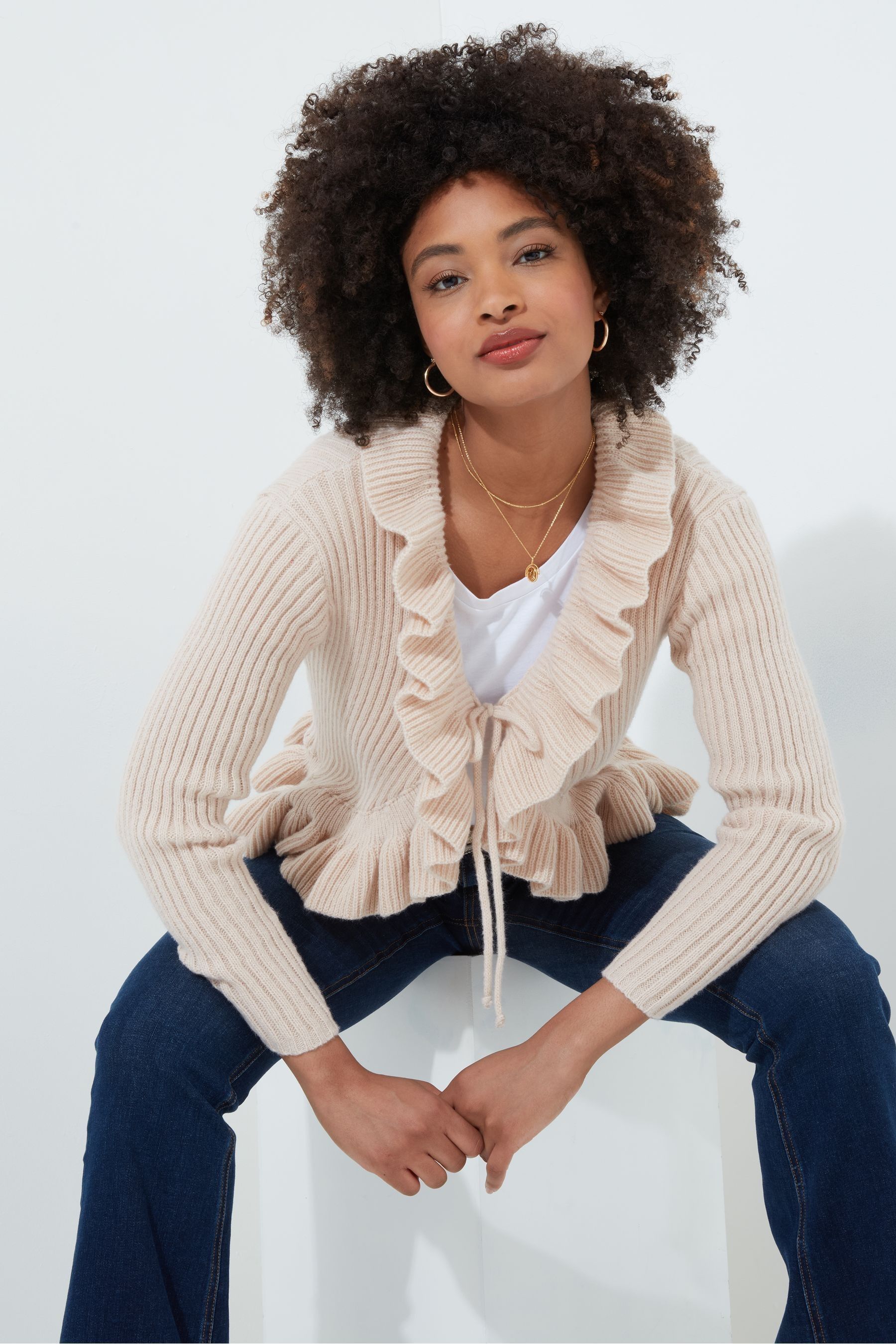 Joe Browns Cream Ribbed Knit Frilly Tie Front Cardigan 18 Womens