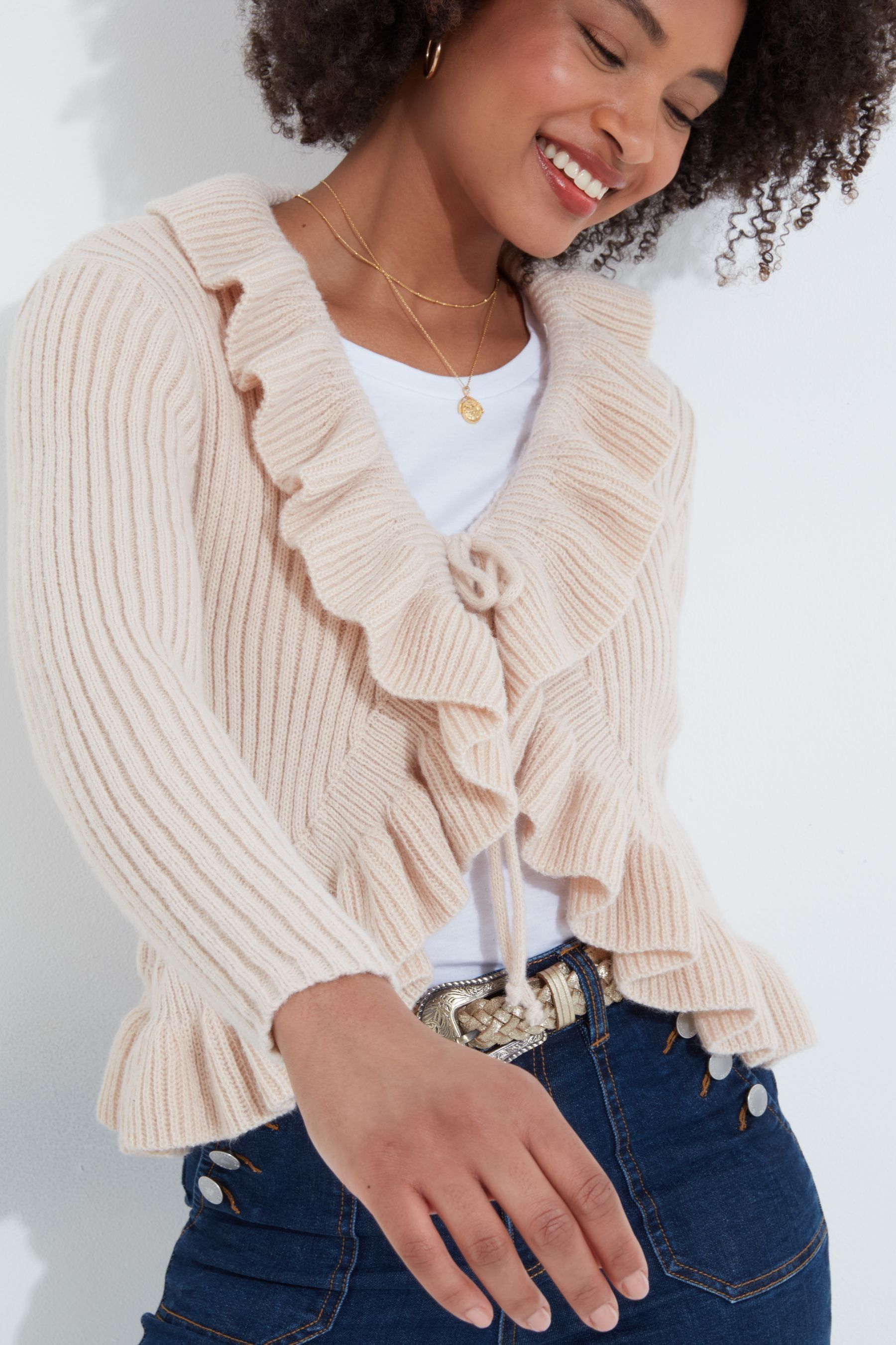 Buy Joe Browns Cream Ribbed Knit Frilly Tie Front Cardigan from the Next UK online shop
