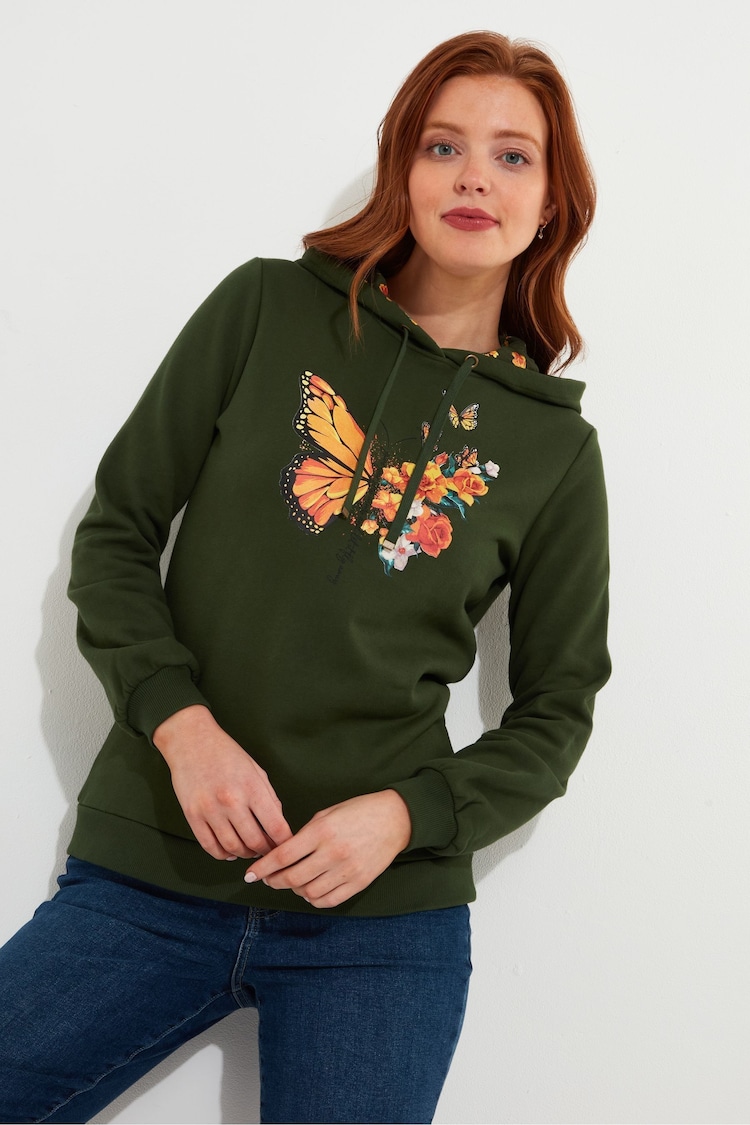 Joe Browns Green Cosy Autumnal Butterfly Graphic Hoodie - Image 1 of 5