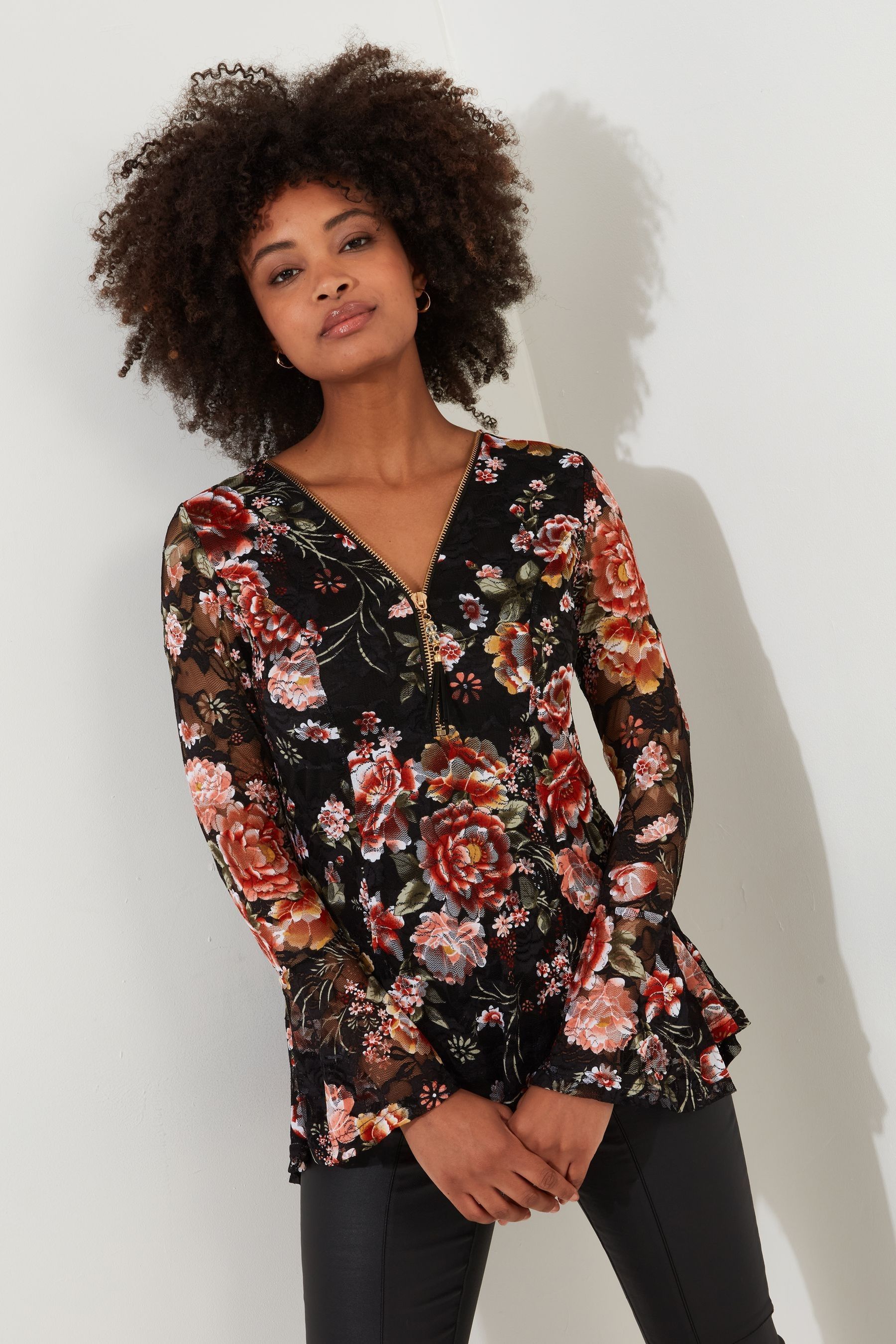 Lace zip front top shop