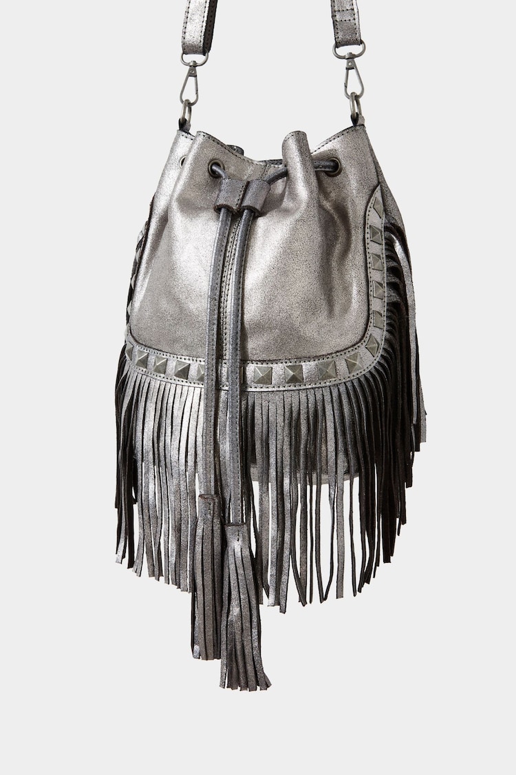 Joe Browns Silver Fringed Metallic Studded Leather Cross-Body Bucket Bag - Image 2 of 5