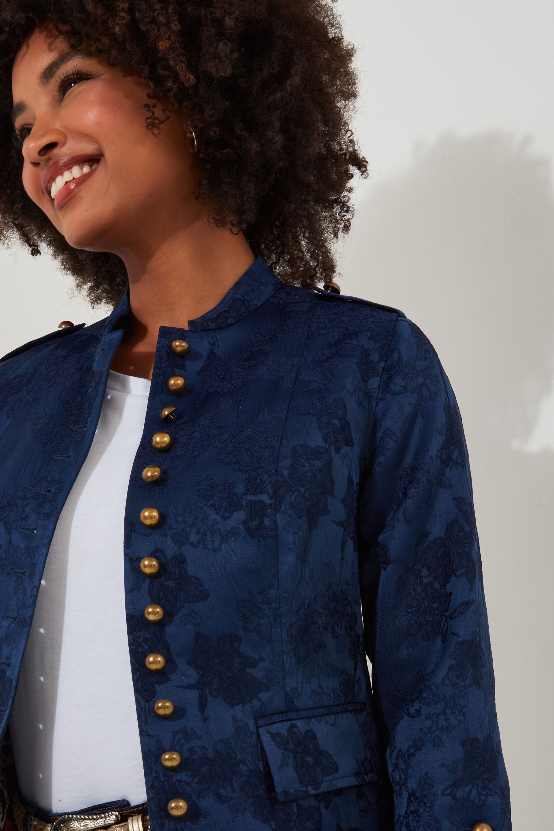 Joe Browns Blue Floral Jacquard Cropped Military Jacket 12 Womens