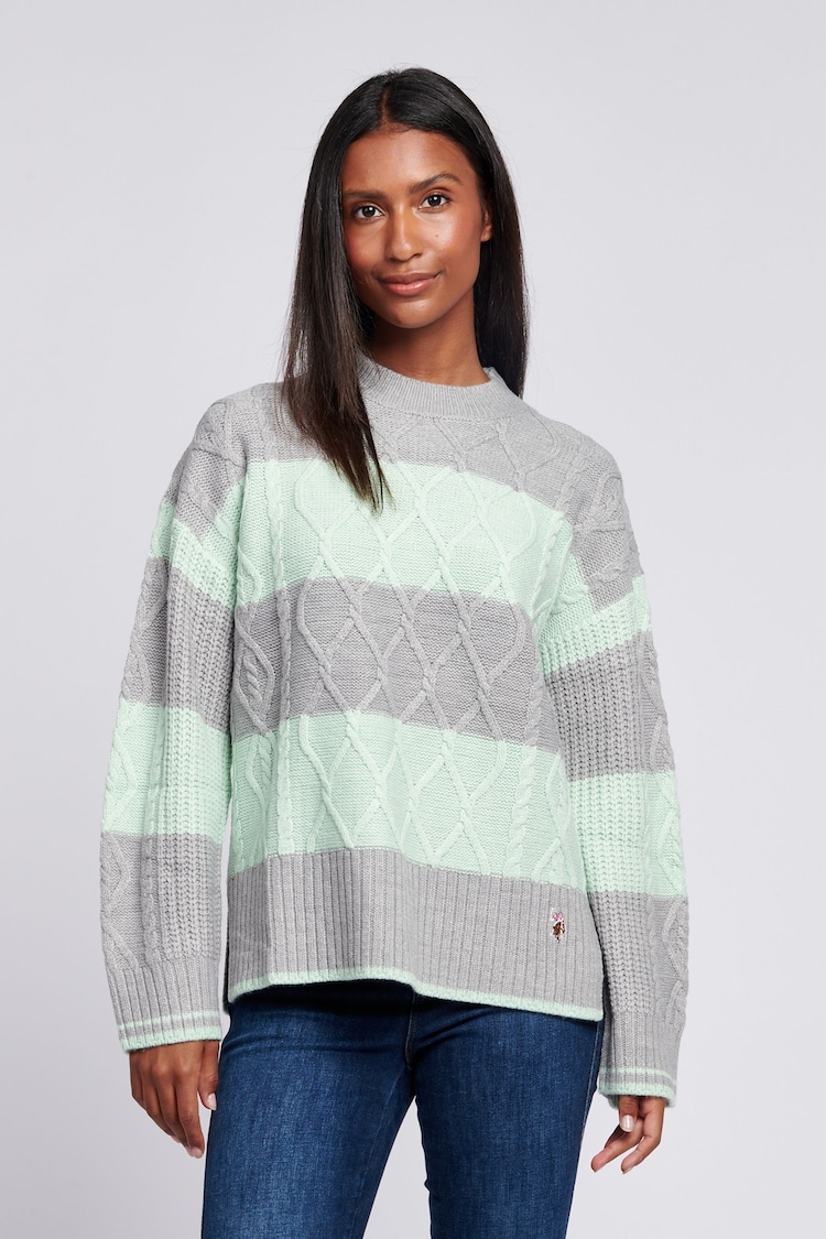 U.S. Polo Assn Green U.S. Polo Assn. Womens Green Mixed Cable Stripe Jumper - Image 1 of 5