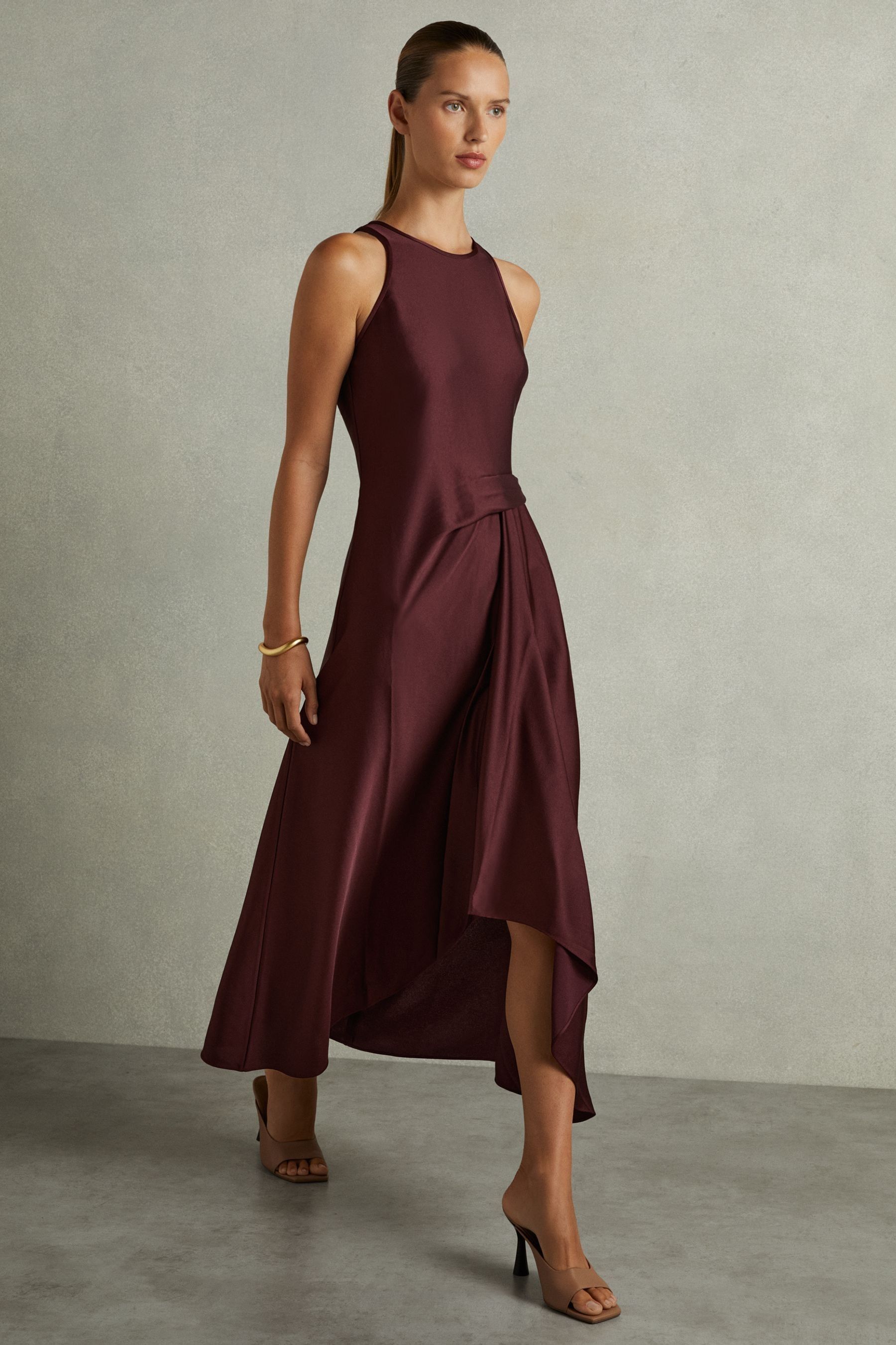 Buy Reiss Burgundy Micah Satin Drape Tuck Midi Dress from Next Australia