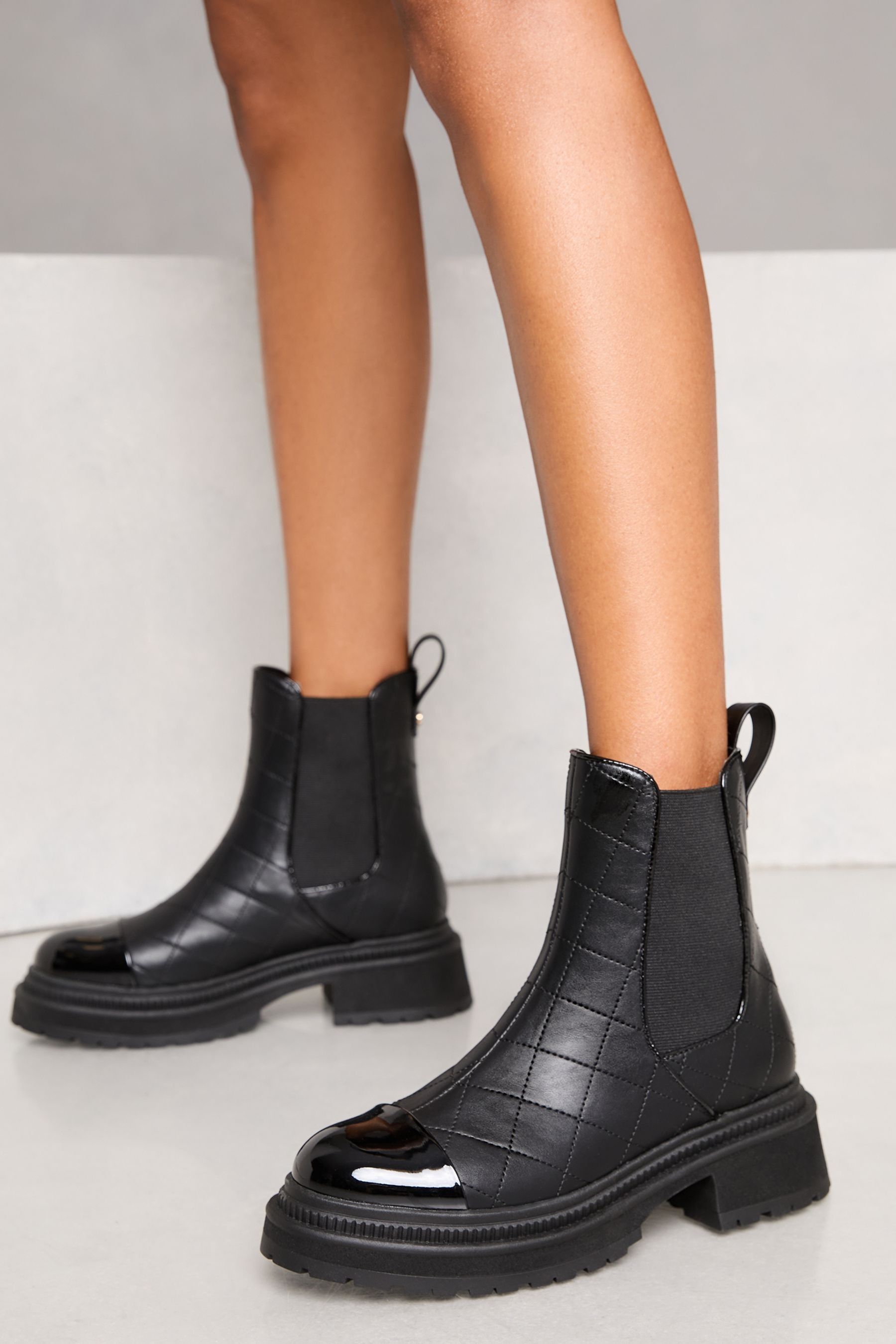 Lipsy Black Quilted Toecap Faux Leather Chunky Chelsea Boots