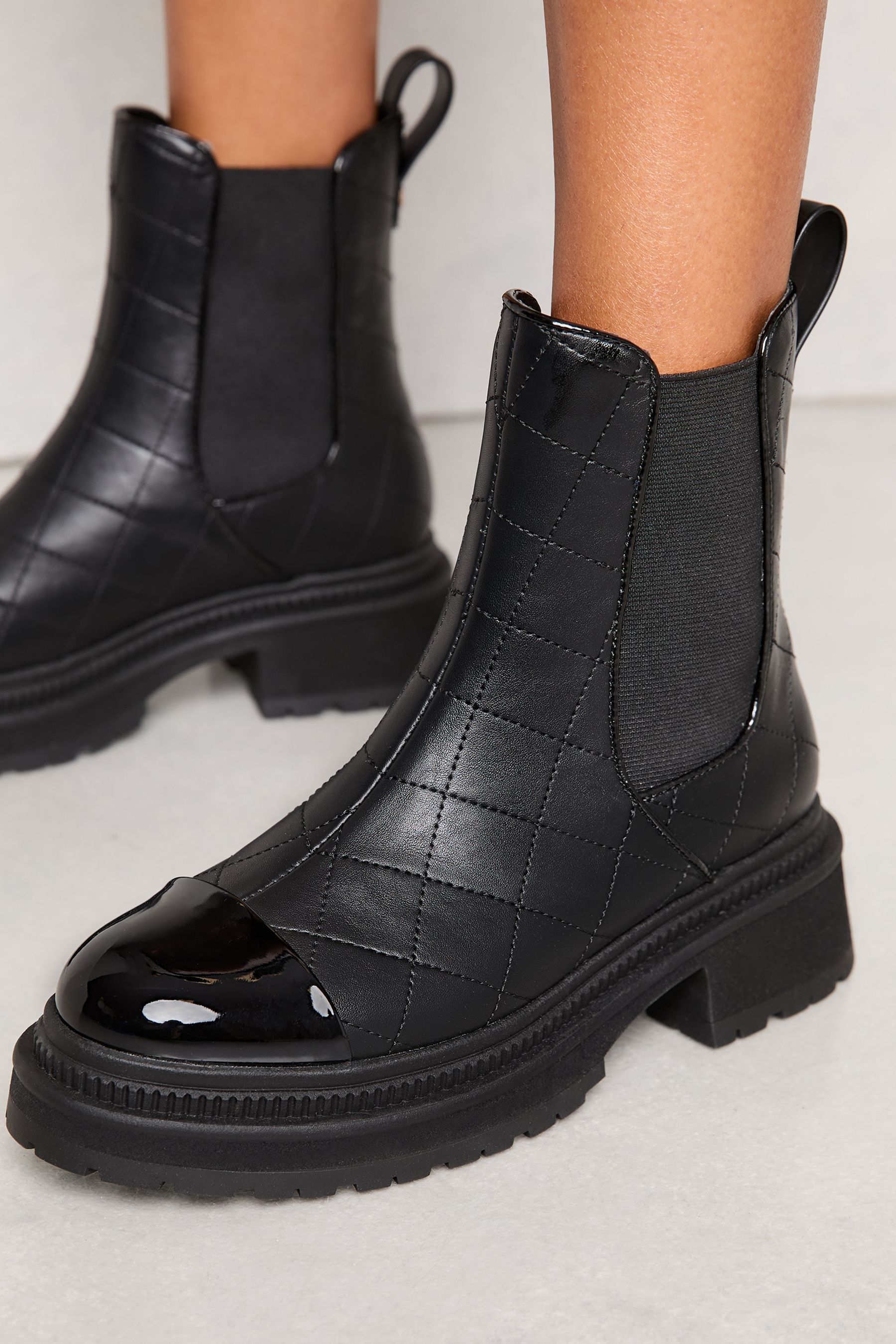 Lipsy Black Quilted Toecap Faux Leather Chunky Chelsea Boots