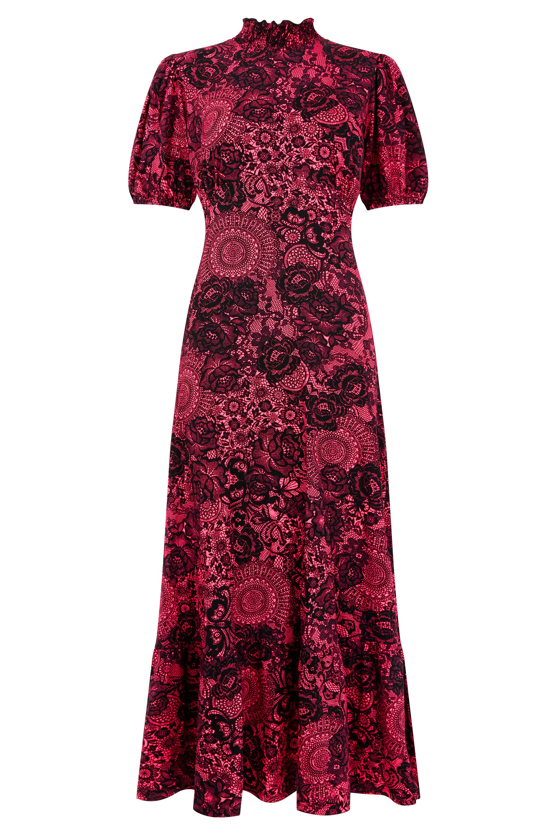 Buy Joe Browns Pink Petite Vintage Lace Print Puff Sleeve High Neck Jersey Midi Dress from Next Oman