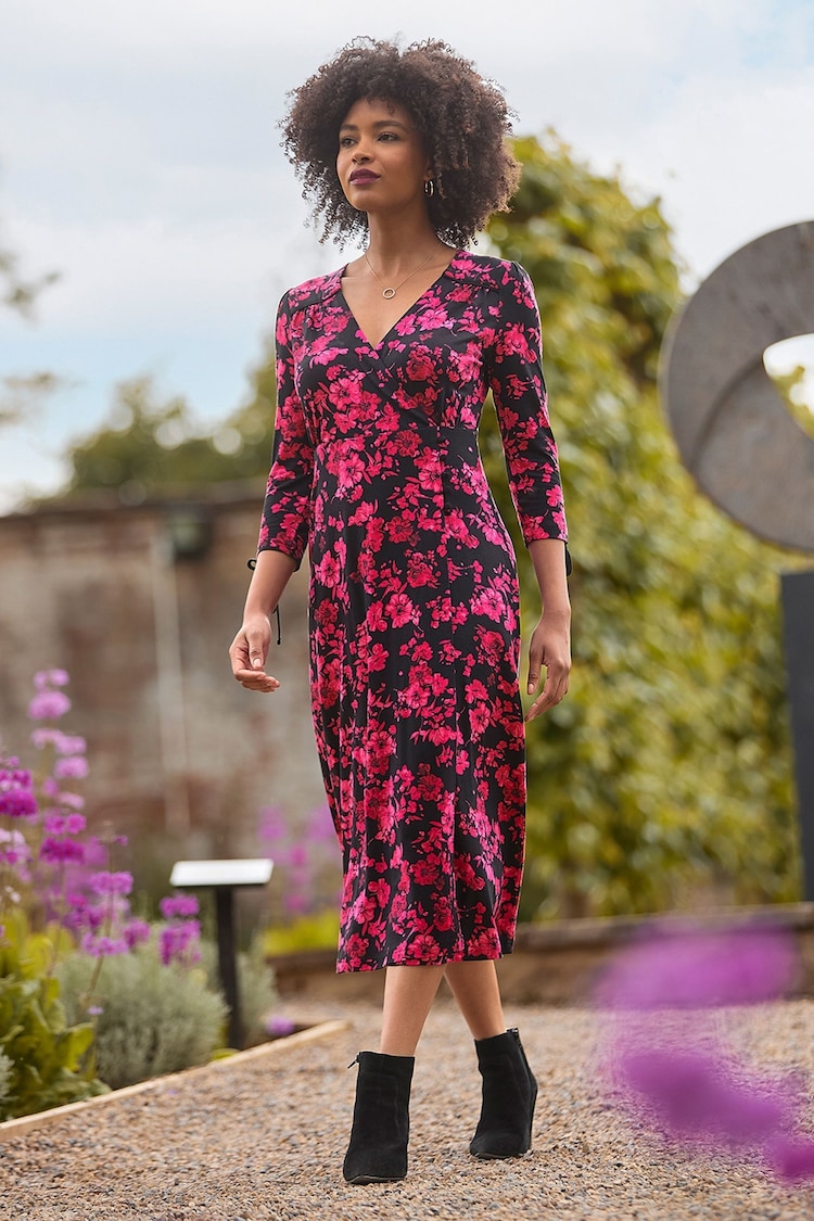 Joe Browns Pink Petite Ruched Tie Sleeve Floral Wrap Dress - Image 2 of 7