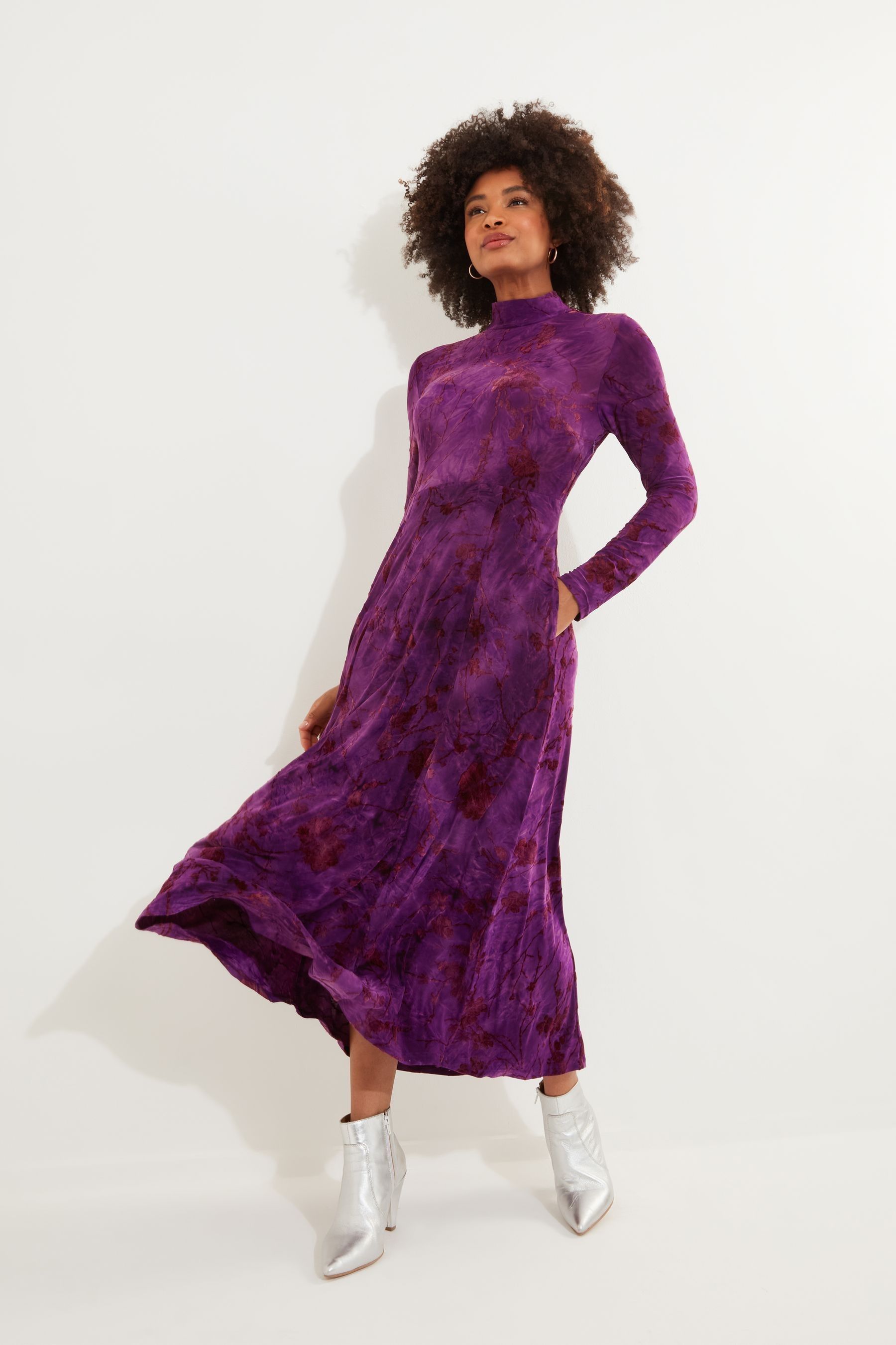 Joe Browns Purple Petite Flocked Print High Neck Maxi Dress 12 P Womens