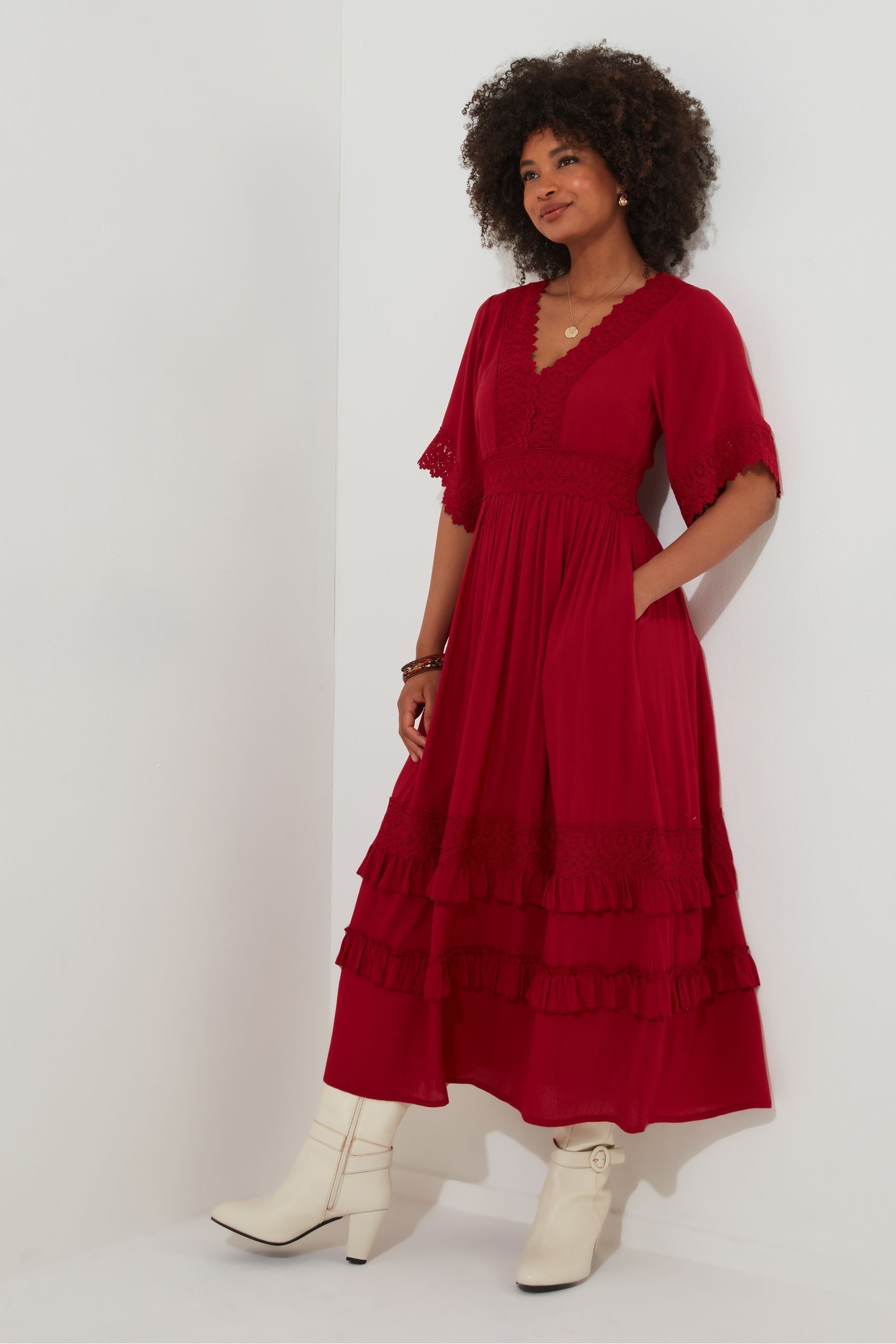Boho red lace dress sales