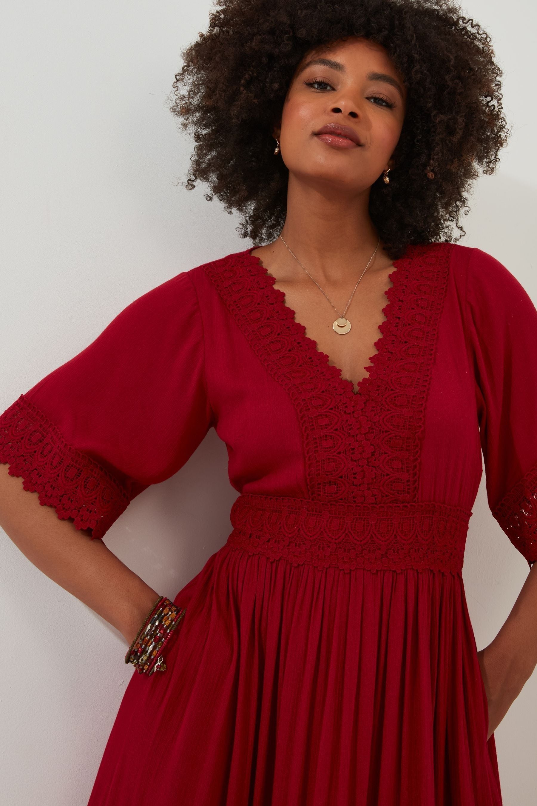 Boho red lace dress sales