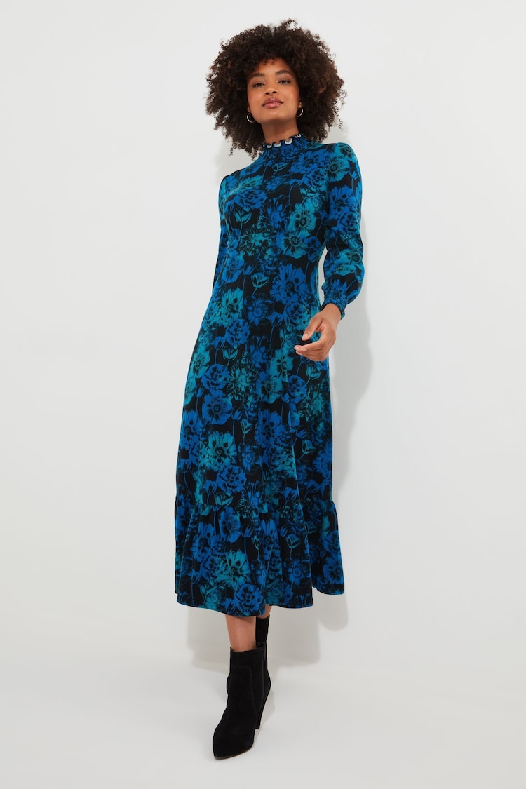 Joe Browns Blue Petite High-Neck Vintage Frill Floral Jersey Midi Dress - Image 1 of 5