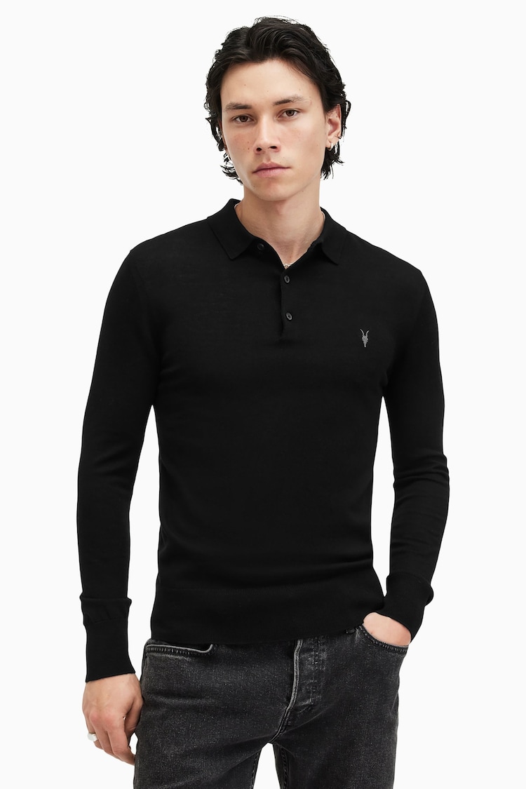 AllSaints Black Mode Merino Longsleeve Polo Shirt - Image 1 of 8