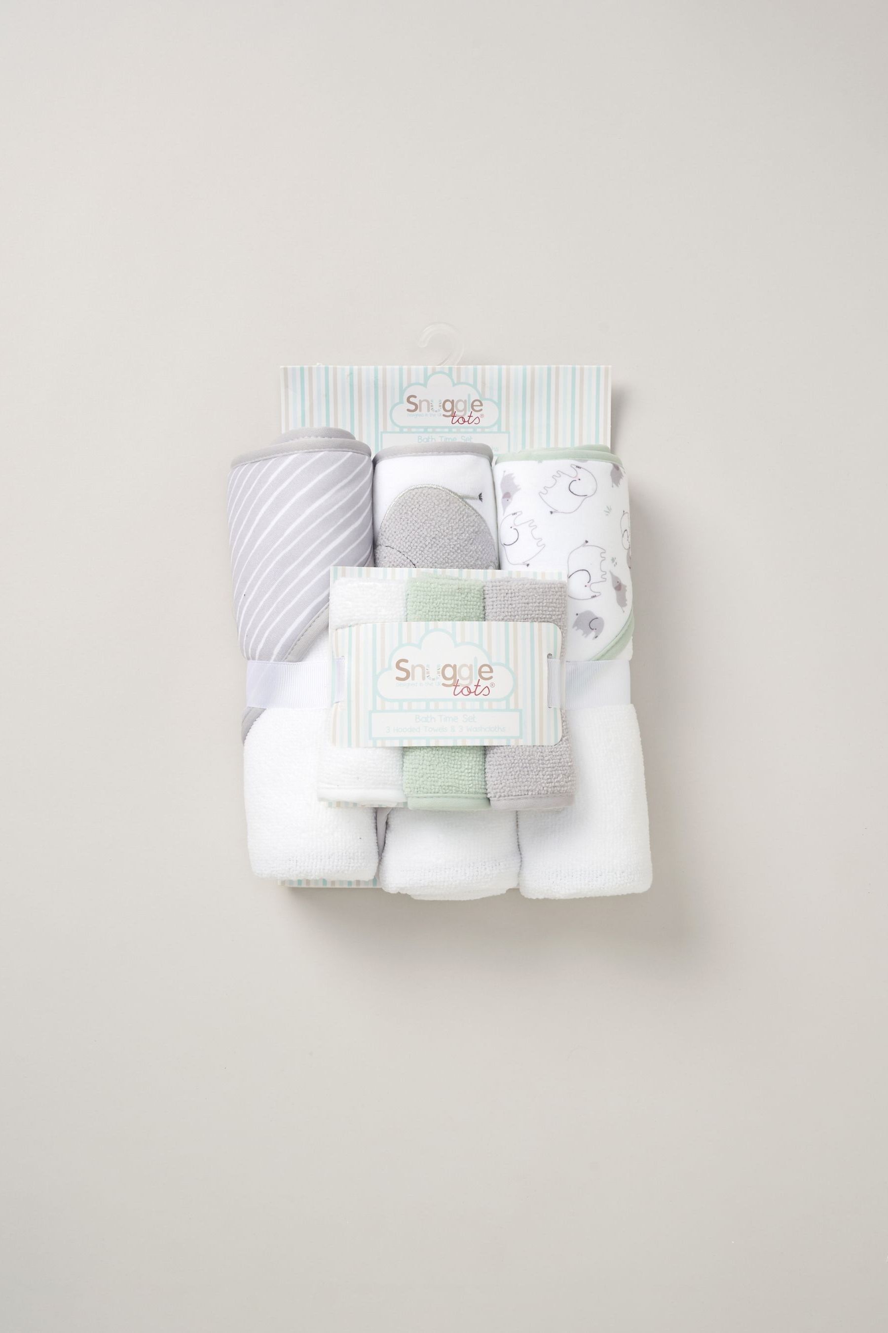 Snuggle Tots Hooded White Towels and Wash Cloths 3 Pack (grey)
