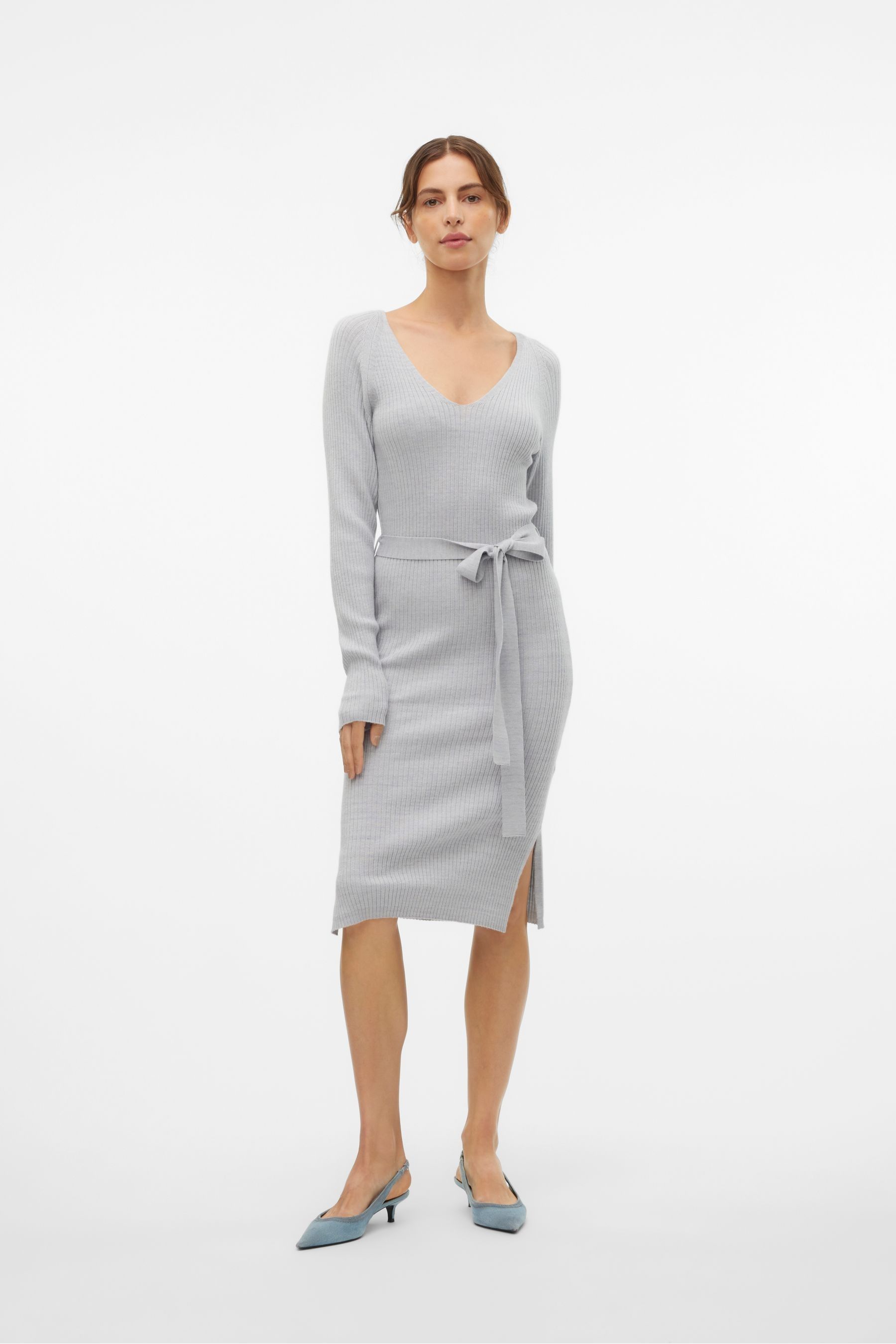 Buy VERO MODA Grey Long Sleeve V Neck Belted Rib Dress from the Next UK online shop