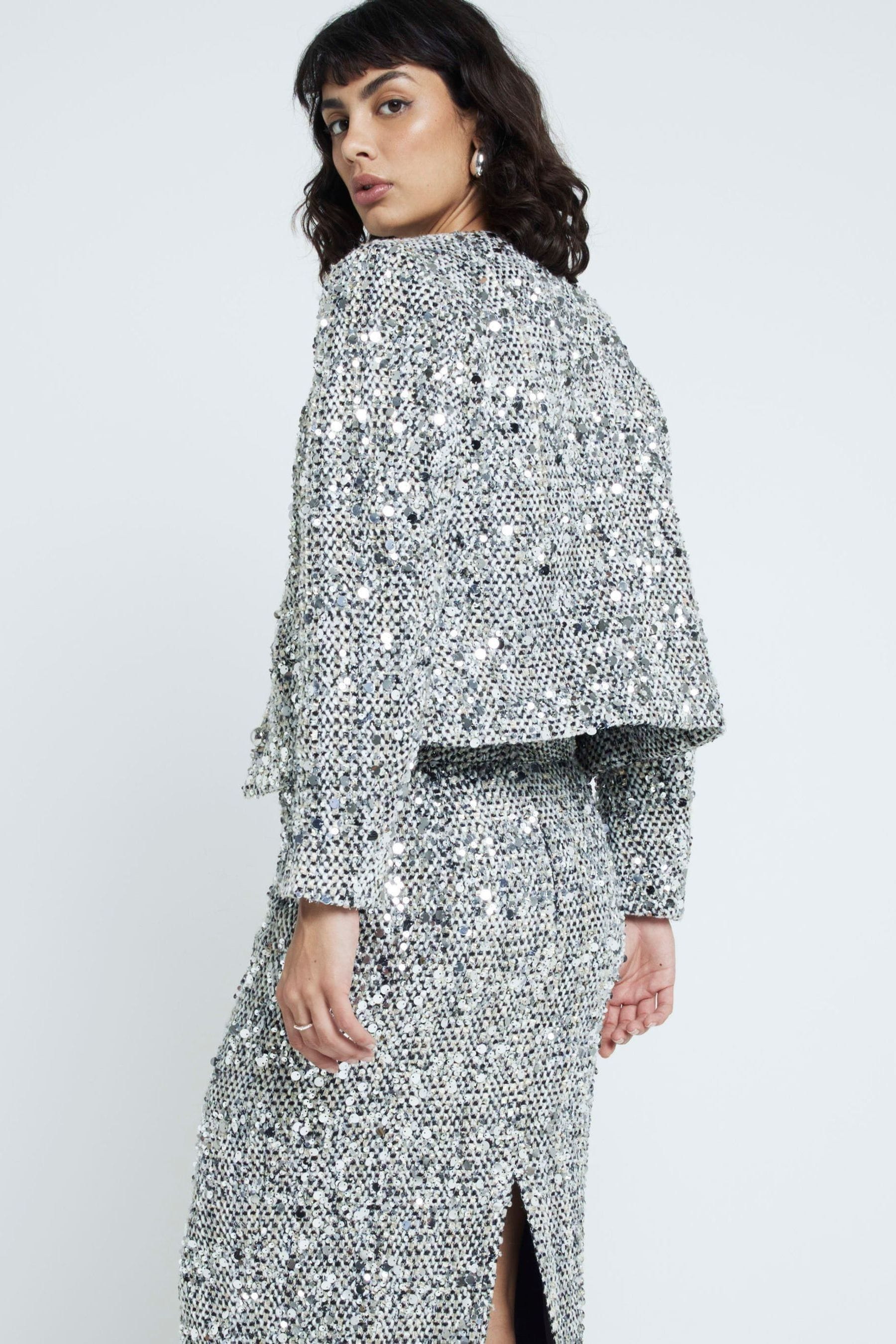 Buy River Island Silver Sparkly Collarless Trophy Jacket from the Next UK online shop