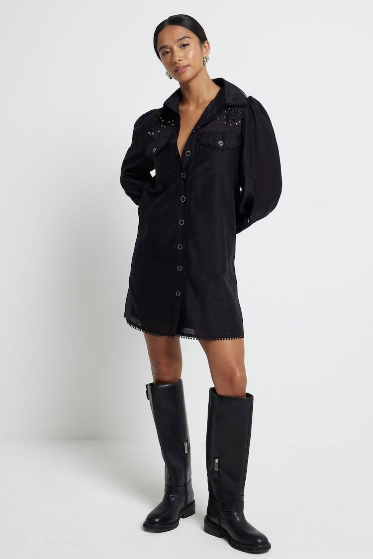 River Island Petite Studded Cutwork Shirt Dress - Image 1 of 4