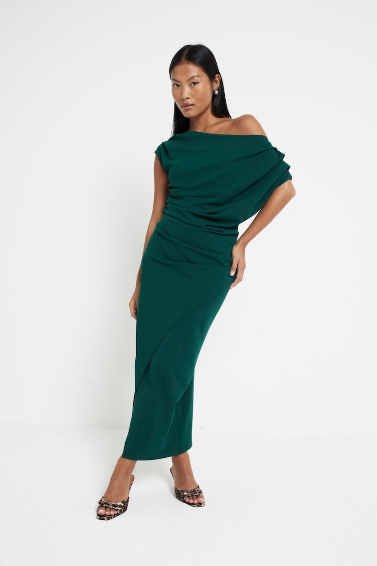 River Island Green Petite Asymmetrical Drape Wrap Midi Dress - Image 1 of 6