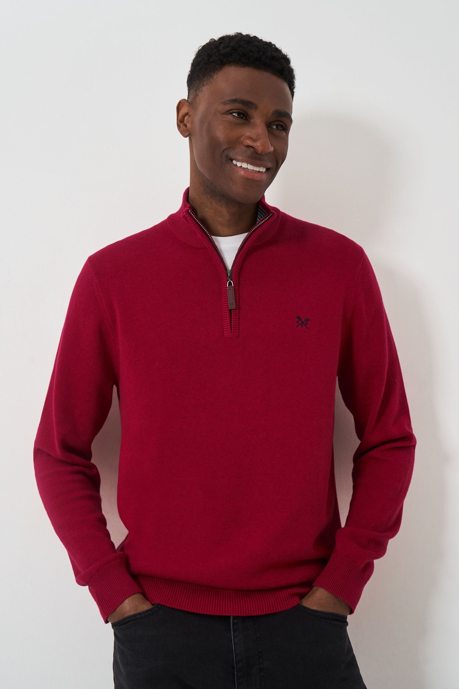 Crew Clothing Company Red Quarter Zip Knitted Jumper