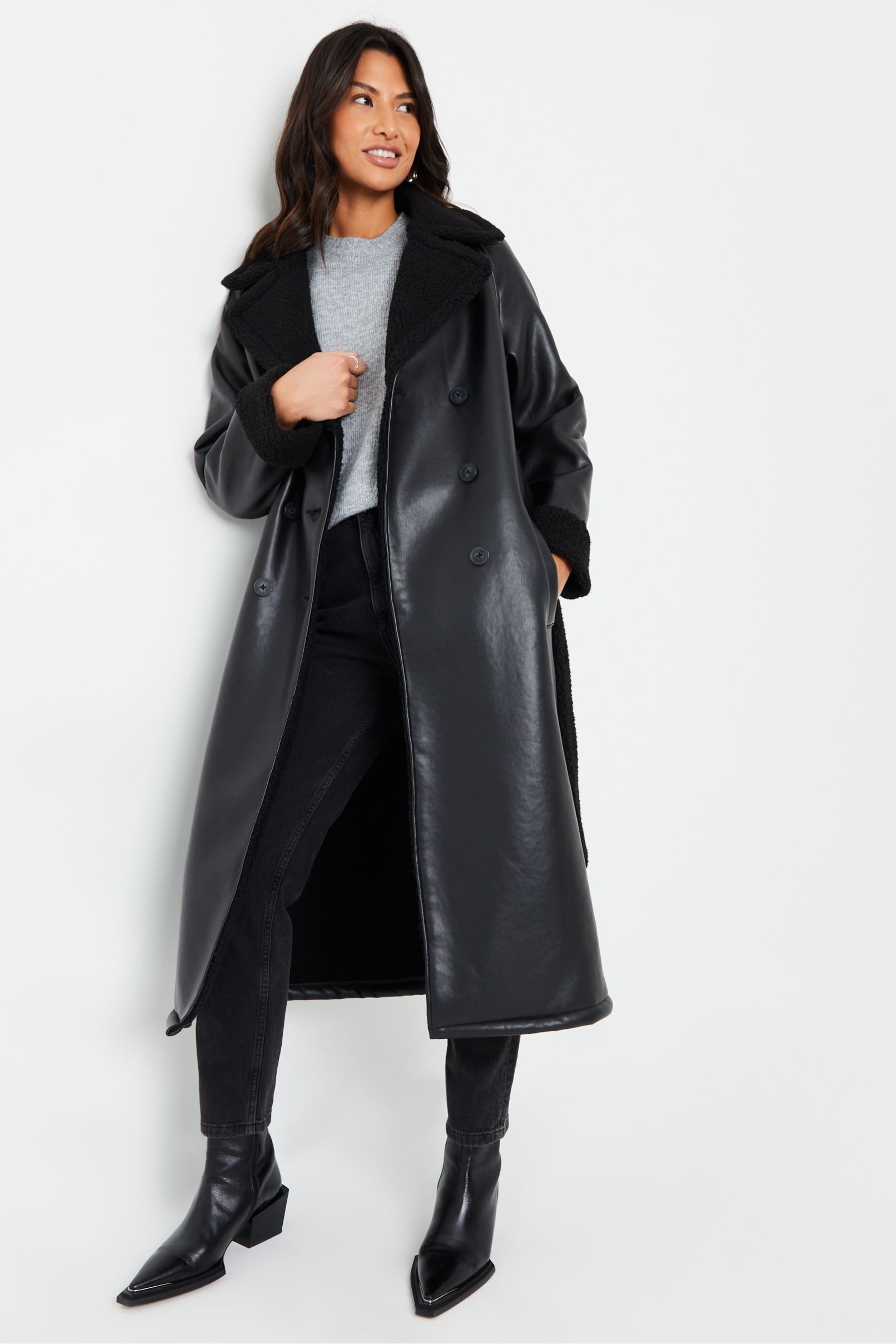 Threadbare Black Longline Faux Fur Trim Aviator Coat