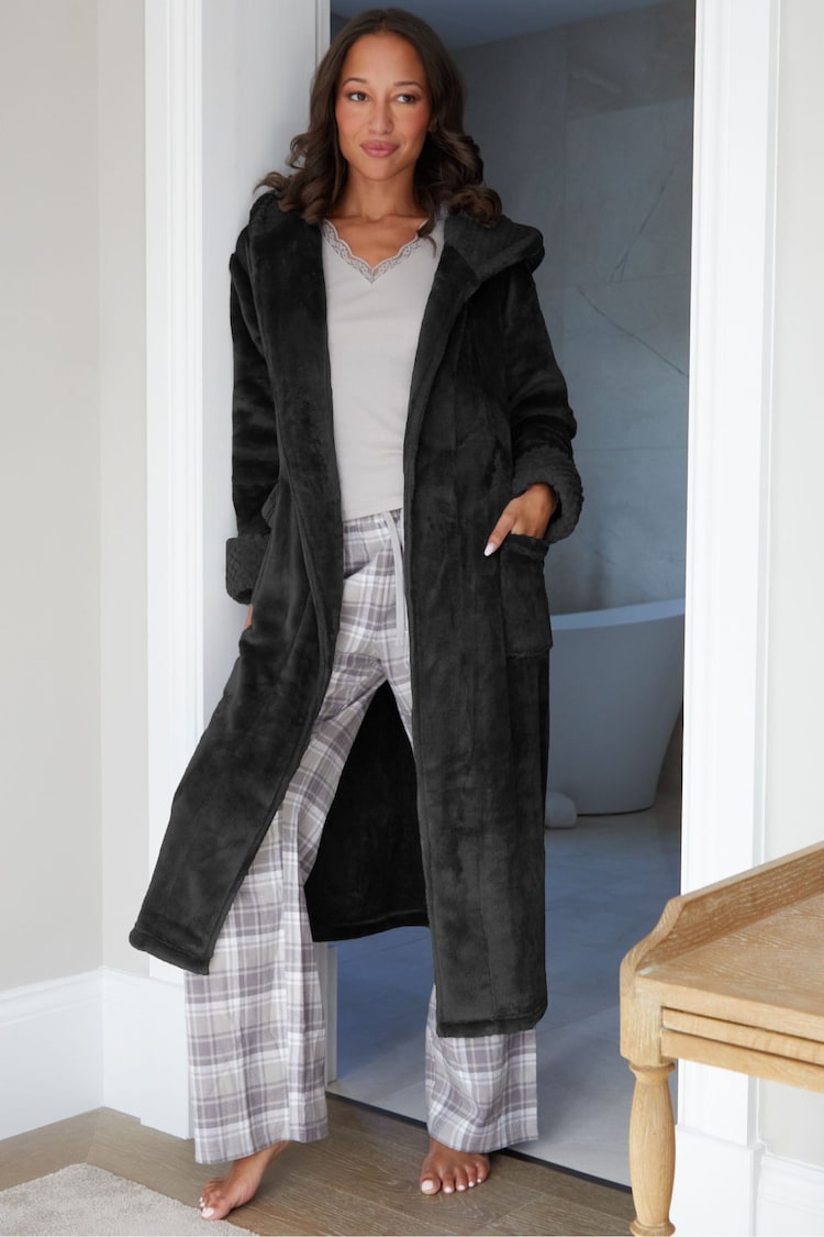 Threadbare Black Faux Fur Trim Dressing Gown - Image 1 of 4