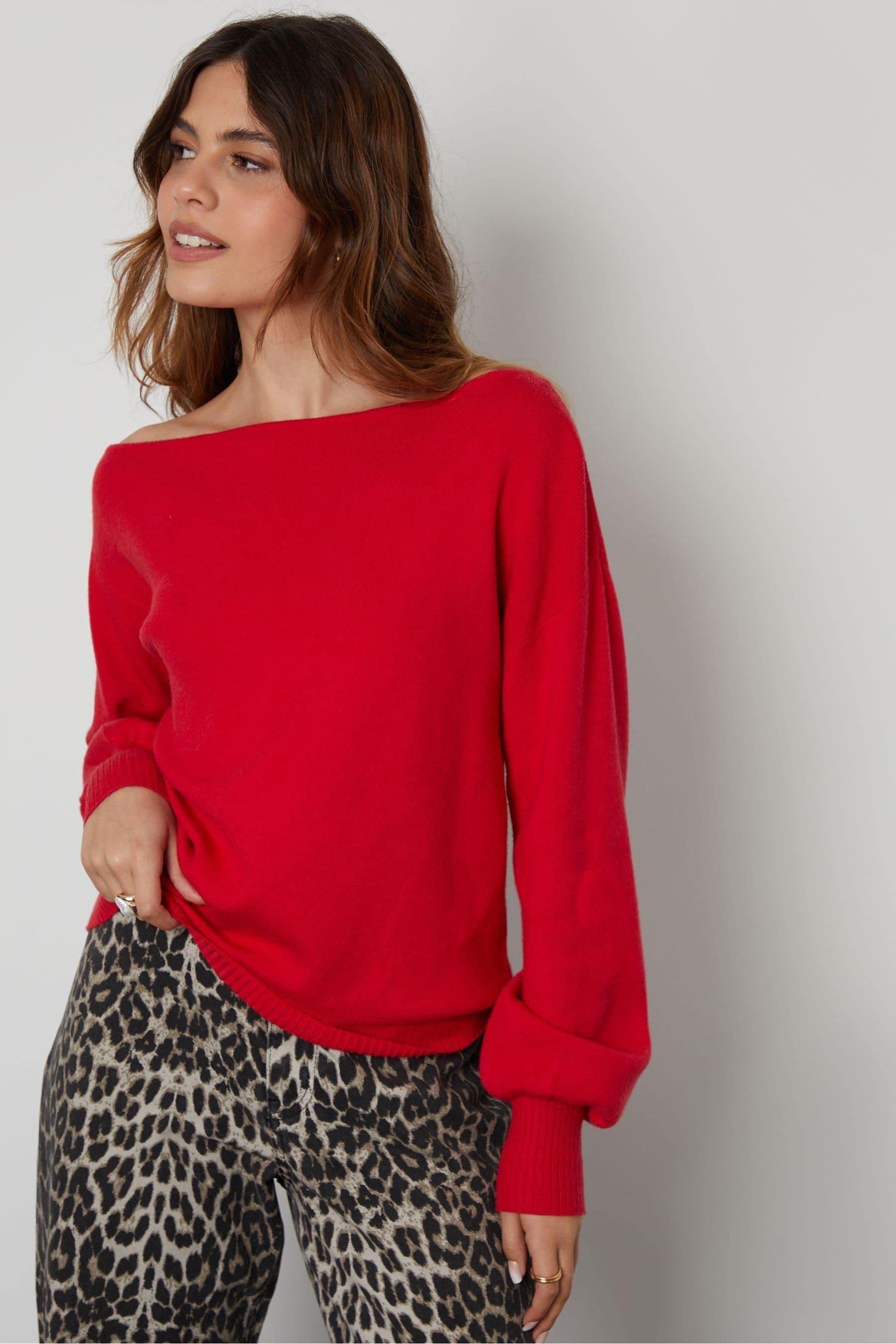 Threadbare Red Slash Neck Knitted Jumper