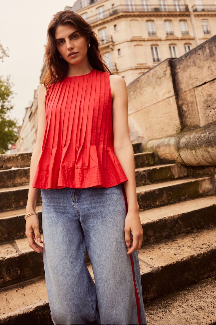 Mint Velvet Red Cotton Pleated Peplum Top - Image 2 of 4