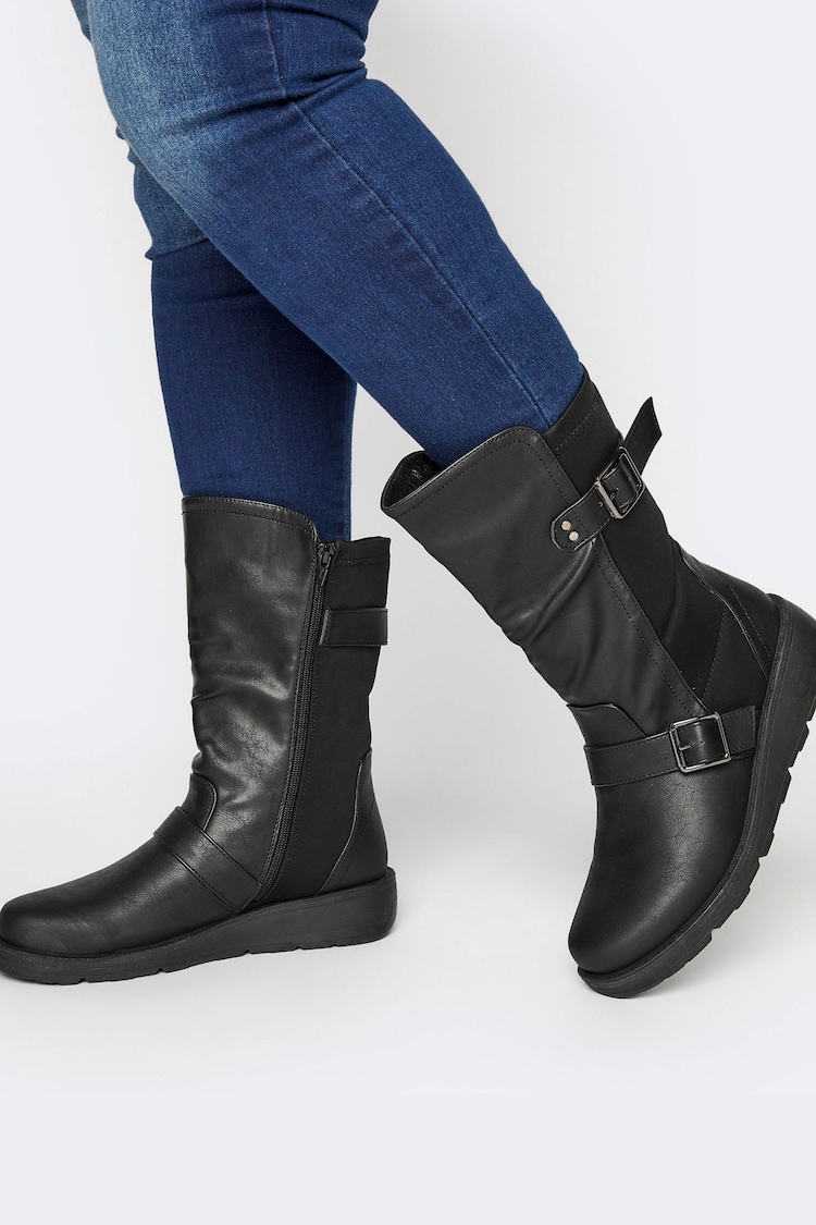 Yours Curve Black Extra Wide Fit Extra-Wide Fit Faux Leather Wedge Buckle Boots - Image 1 of 1