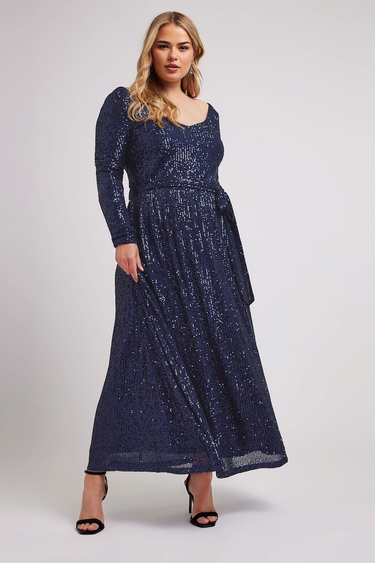 Yours Curve Blue London Sequin V-Neck Long Sleeve Maxi Dress - Image 1 of 5