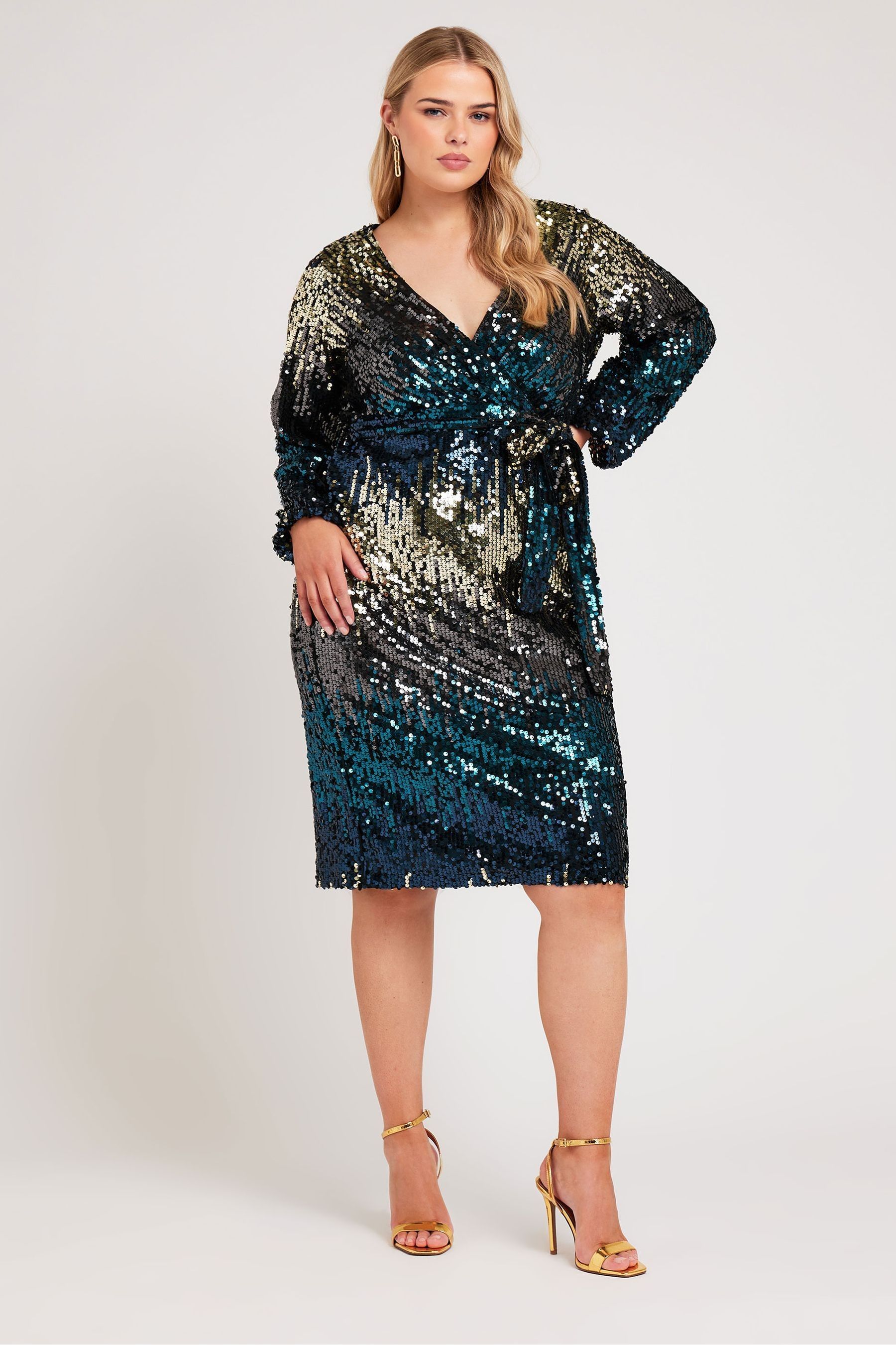 Buy Yours Curve Blue Gold London Sequin Ombre Wrap Dress from the Next UK online shop